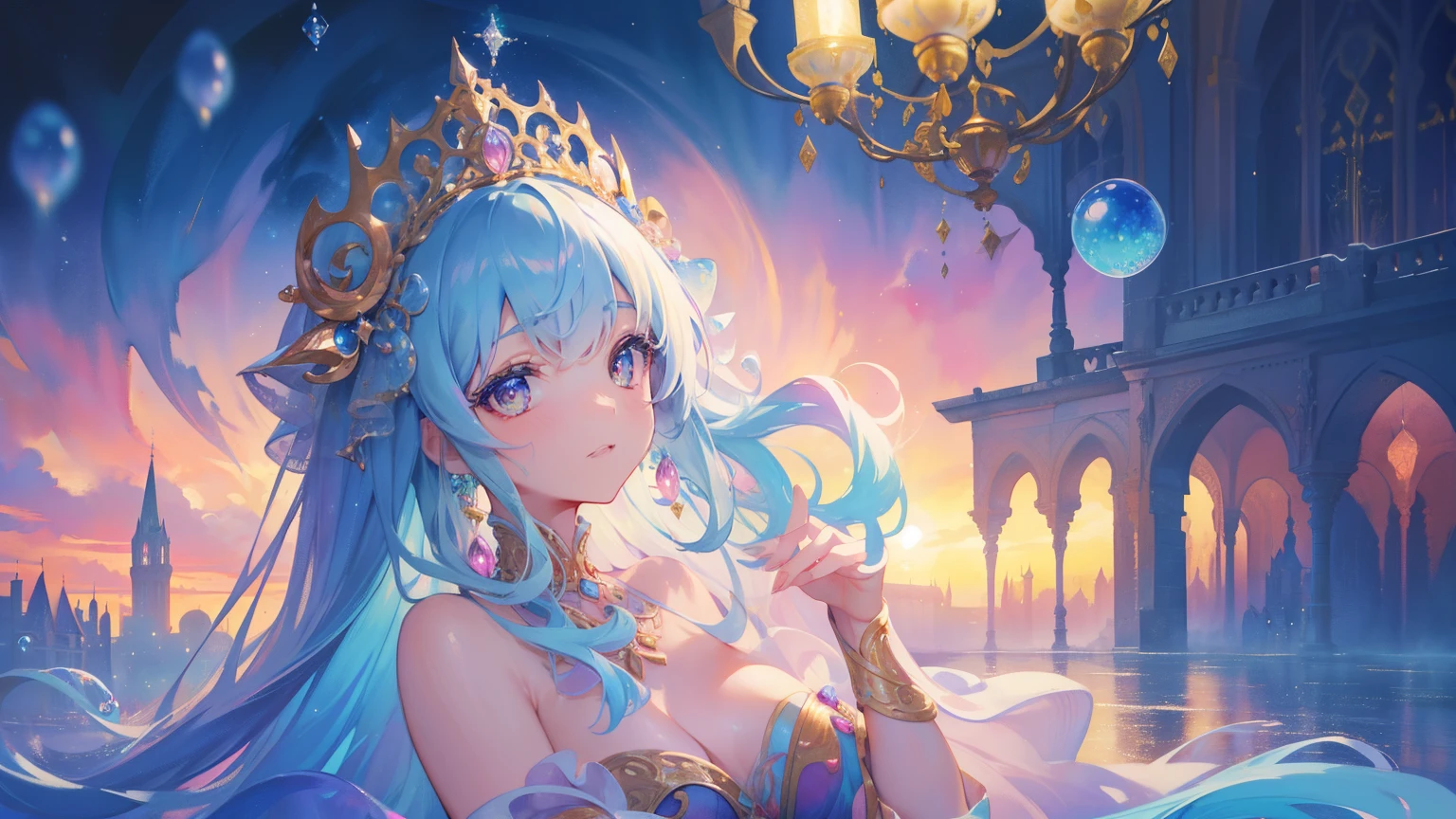 masterpiece, best quality, 8k resolution, sharp focus, intricate details, beautiful girl, Bright Eyes, golden ratio face, otherworldly liquid, watercolor, ((pastel colors)), bright colors, whimsical, rich and colorful, sharp focus, high resolution, Fine details, Princess Fantasy Prom Dress, ((round eyes)), iridescent bubbles, Castle view in the background