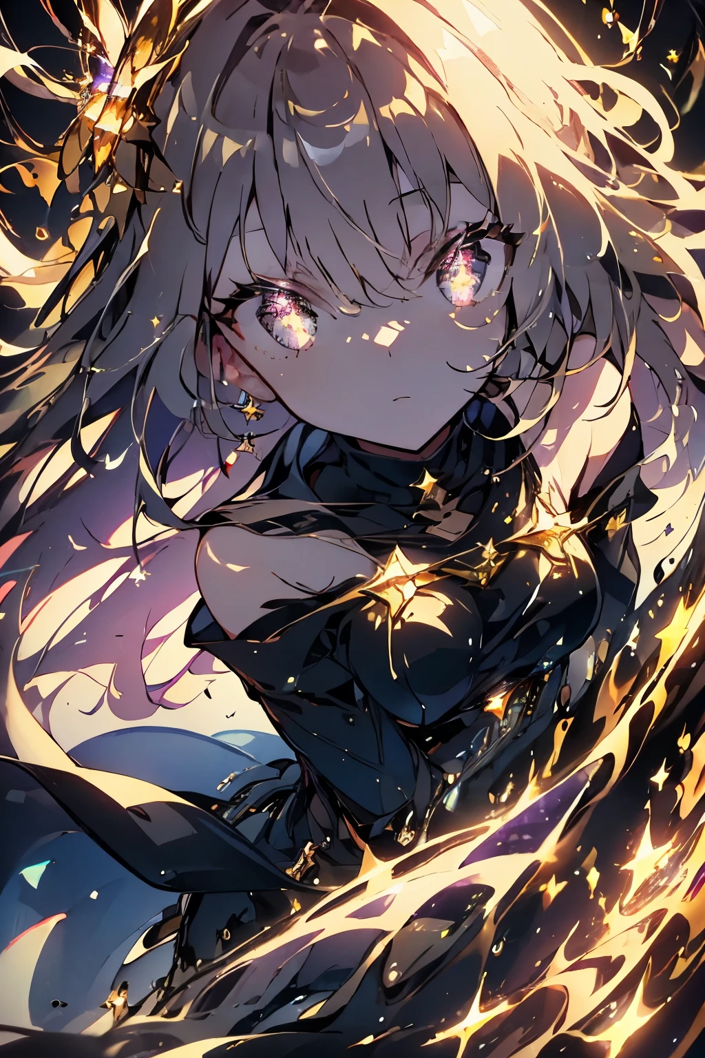 masterpiece, best quality, 4k resolution, close-up, big eyes, eyes, complex eyes, unique pupils, unusual pupils, side eyes, purple glowy hair, purple shiny dress, shiny sparkles on dress, active pose, full body, fantasy, magic, goddess, divine, barefoot, detail face, long eyelashes, glowing stars, glowing sparkles, galaxies background.