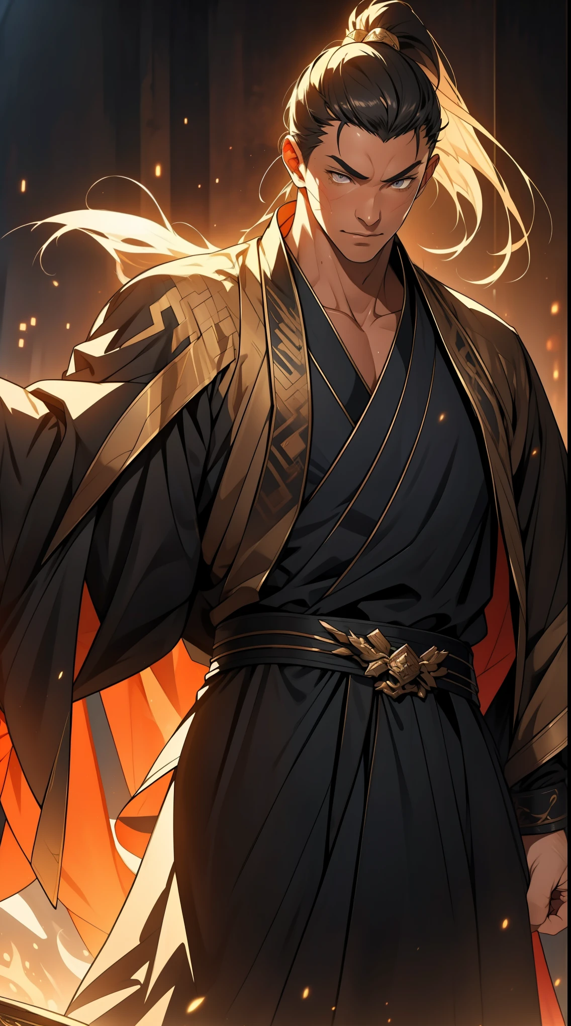 one person（male warrior），proportions are correct，facial details，swordsman，high ponytail hairstyle，neck detail，Have an Adam&#39;s apple，Black and gold robe，joke，Black and gold robe，clothing details，Hand over，long sleeves，Game quality，fencing，Ray tracing，Ray tracing，Detailed glow，CG rendering，hair details，Long black and blond hair，Black-gold eyes，Handsome，Handsome，（Youthful feeling），Costumes are complicated，Perfect composition，refine，high quality，higher details，many details，Complex background，a sense of atmosphere，