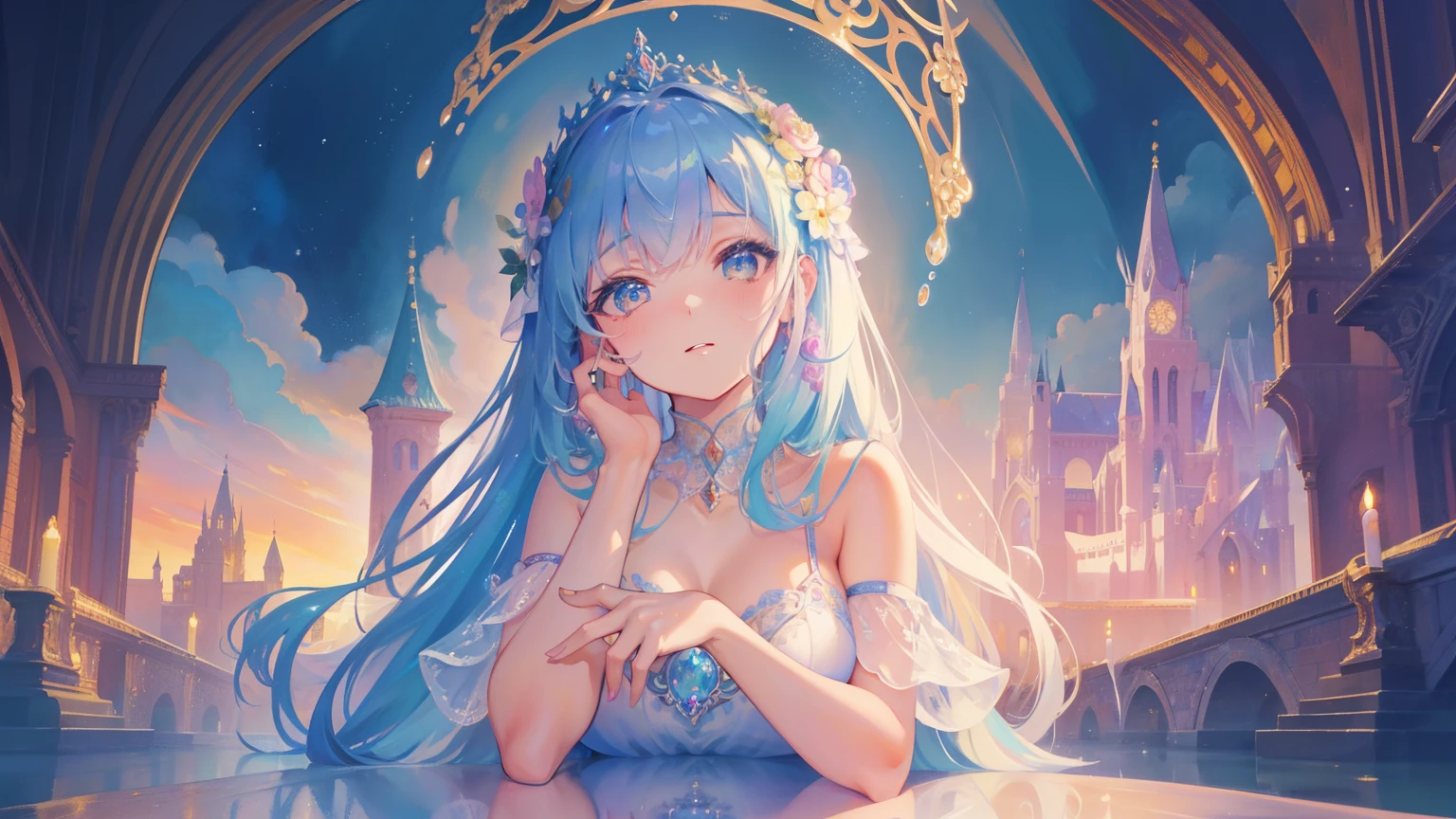 masterpiece, best quality, 8k resolution, sharp focus, intricate details, beautiful girl, Bright Eyes, golden ratio face, otherworldly liquid, watercolor, ((pastel colors)), bright colors, whimsical, rich and colorful, sharp focus, high resolution, Fine details, Princess Fantasy Prom Dress, ((round eyes)), iridescent bubbles, Castle view in the background