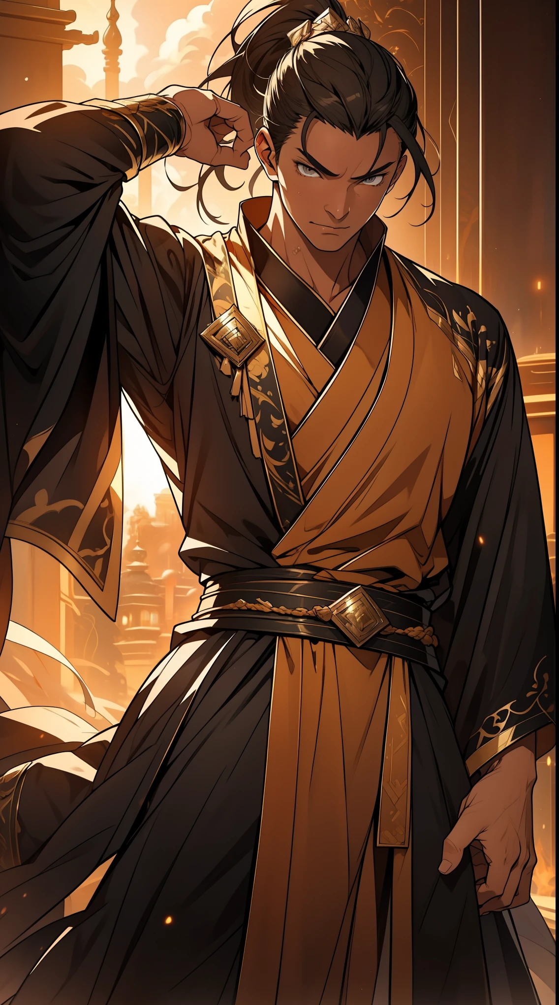 one person(male warrior),proportions are correct,facial details,swordsman,high ponytail hairstyle,neck detail,Have an Adam's apple,Black and gold robe,joke,Black and gold robe,clothing details,Hand over,long sleeves,Game quality,fencing,Ray tracing,Ray tracing,Detailed glow,CG rendering,hair details,Long black and blond hair,Black-gold eyes,Handsome,Handsome,(Youthful feeling),Costumes are complicated,Perfect composition,refine,high quality,higher details,many details,Complex background,a sense of atmosphere,
