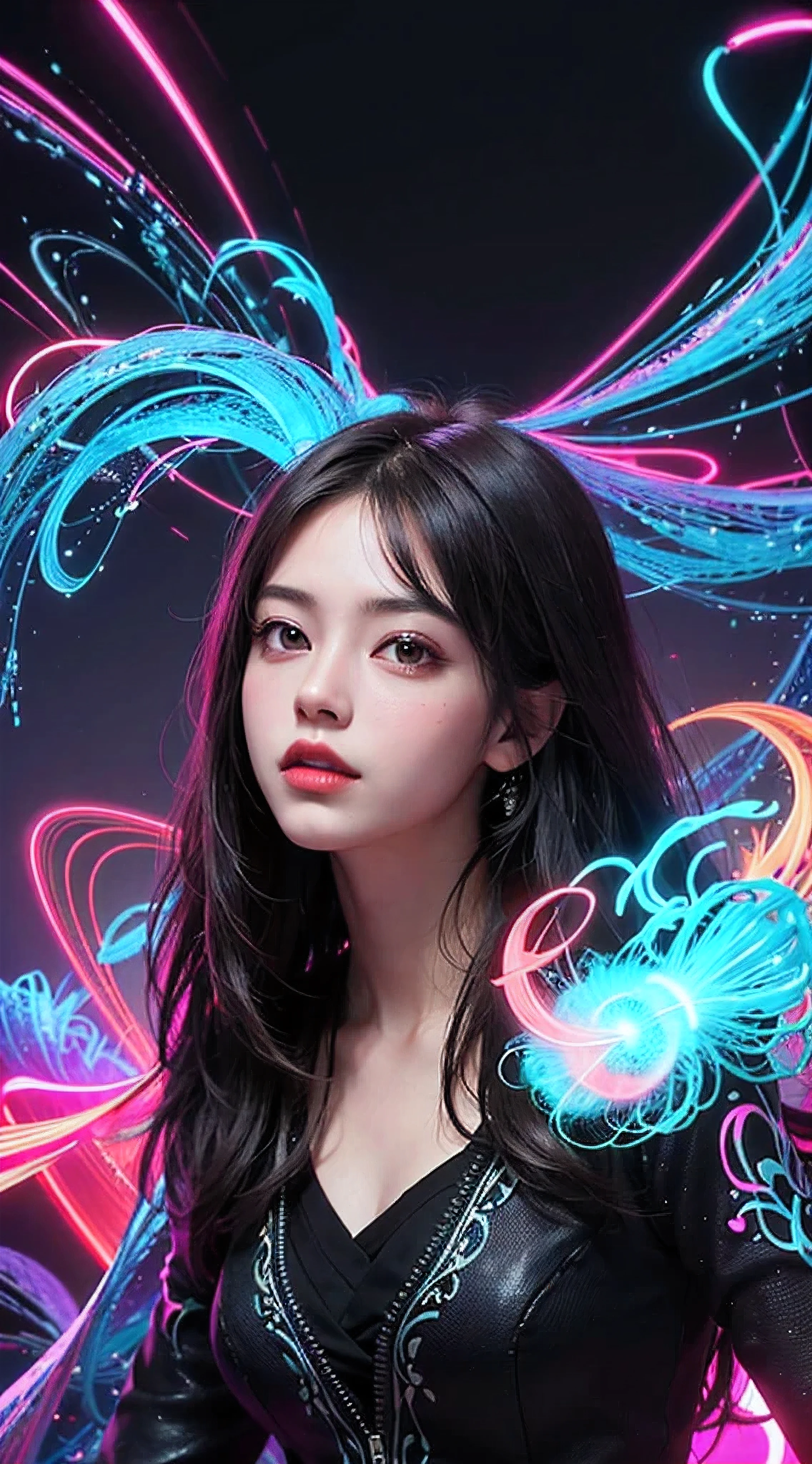 (masutepiece, of the highest quality, Best Quality, Official art, Beautiful and aesthetic:1.2), (1girl in:1.3), Extremely detailed,(Fractal Art:1.2),Colorful,highest details,( Zentangle Neon:1.2), (Dynamic Pose), (Abstract background neon:1.5), (Congressional Dresses:1.2), (Shiny skin), (Many colors:1.4), Upper body ,neons,16 K,Full-HD