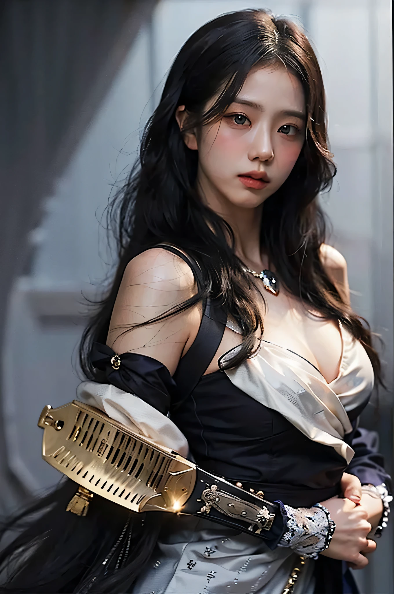 (highest image quality), (masterpiece), (vibrant, photography realistic, Realistic, Dramatic, Dark, Sharp focus, 8K), beautiful, Highly detailed face and skin texture, sexy wedding dress, ethereal beauty, mature asian woman,black long hair, make up, nsfw, ((backlight)), holding sword, samurai wedding