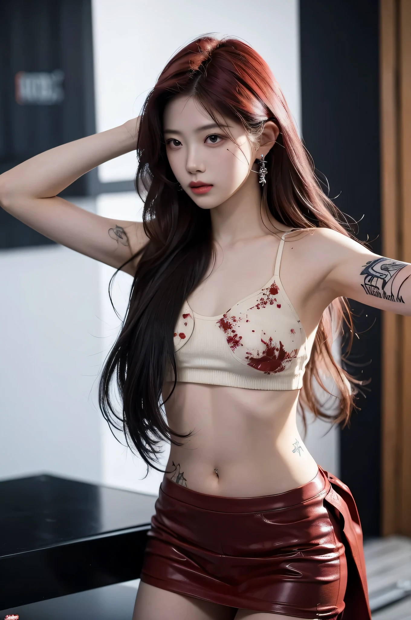 Tattoo girl, Very beautiful, super long hairstyle, messy hair, killing intent, Handsome man, betrayal, irate, Dark background, 8K, Dynamic Wallpapers, Very delicate, Very dense, dinamic pose, dinamic style, masterpiece, gangsta, mafia, tatto body, mafia tatto, beautiful, ethernal beautiful, beauty mafia, boss, blood, in the mafia headquarter, blood dress, a lot tatto