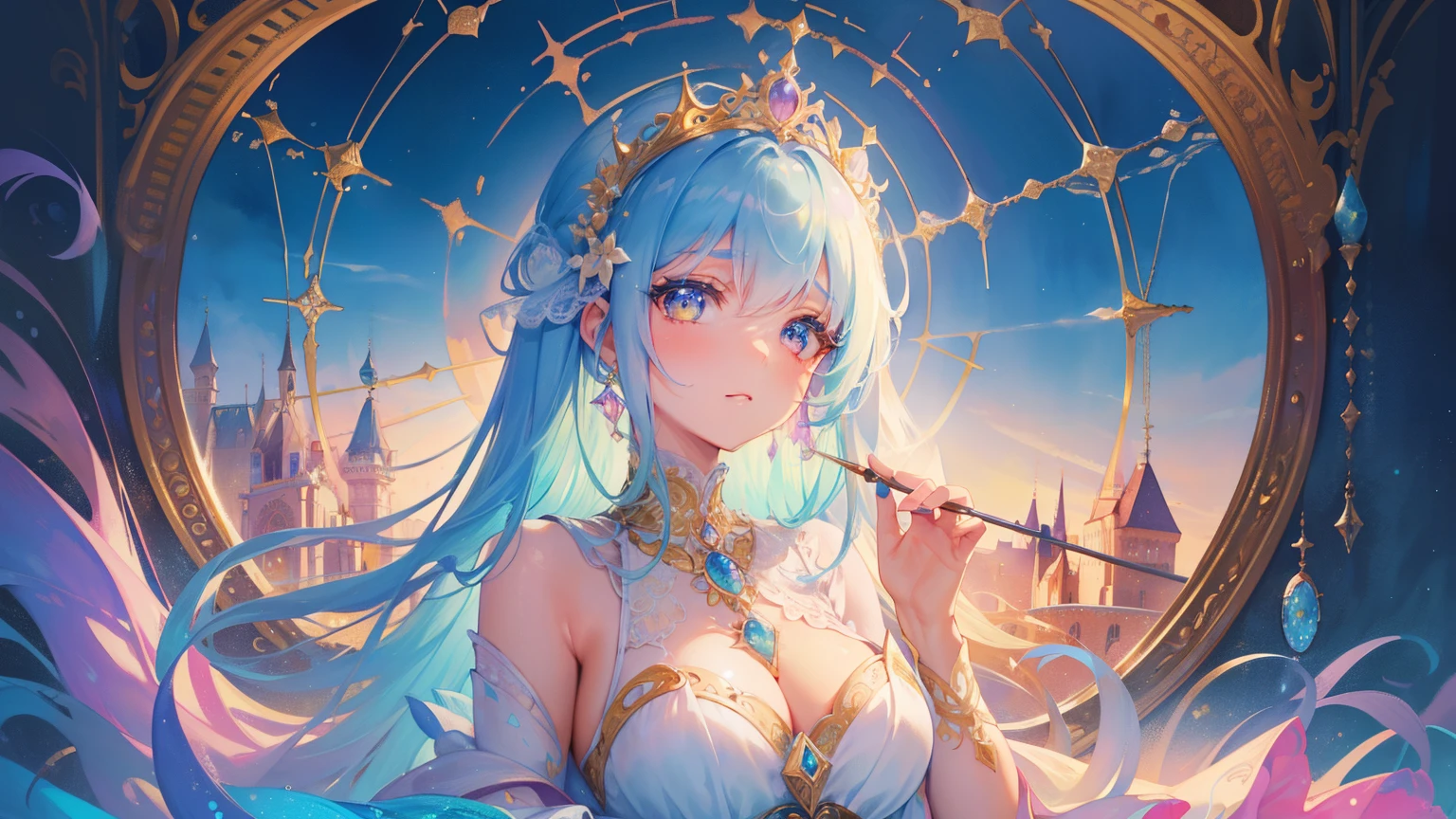 masterpiece, best quality, 8k resolution, sharp focus, intricate details, beautiful girl, Bright Eyes, golden ratio face, otherworldly liquid, watercolor, ((pastel colors)), bright colors, whimsical, rich and colorful, sharp focus, high resolution, Fine details, Princess Fantasy Prom Dress, ((round eyes)), iridescent bubbles, Castle view in the background