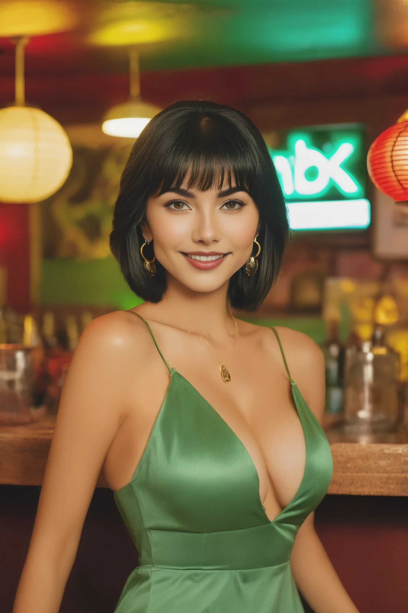 RAW photo in sequence, a photo of a 30 year old Mexican woman, black bob haircut, 60's style short dress, ((entire body selfie, happy)), detailed face, medium breasts, thick lips, slightly blurred detailed backgrounds, natural lights, HDR, realistic photo, professional photo , camera as spectator, sexy visual, photorealistic, cute, long black hair, Kodak Super 8, high quality, filmic grain,  metallic red long tank top, earrings, curvy body, in a dark sexy sixties style Tiki Bar, (Soft Green, Red and yellow lighting in the back geound)