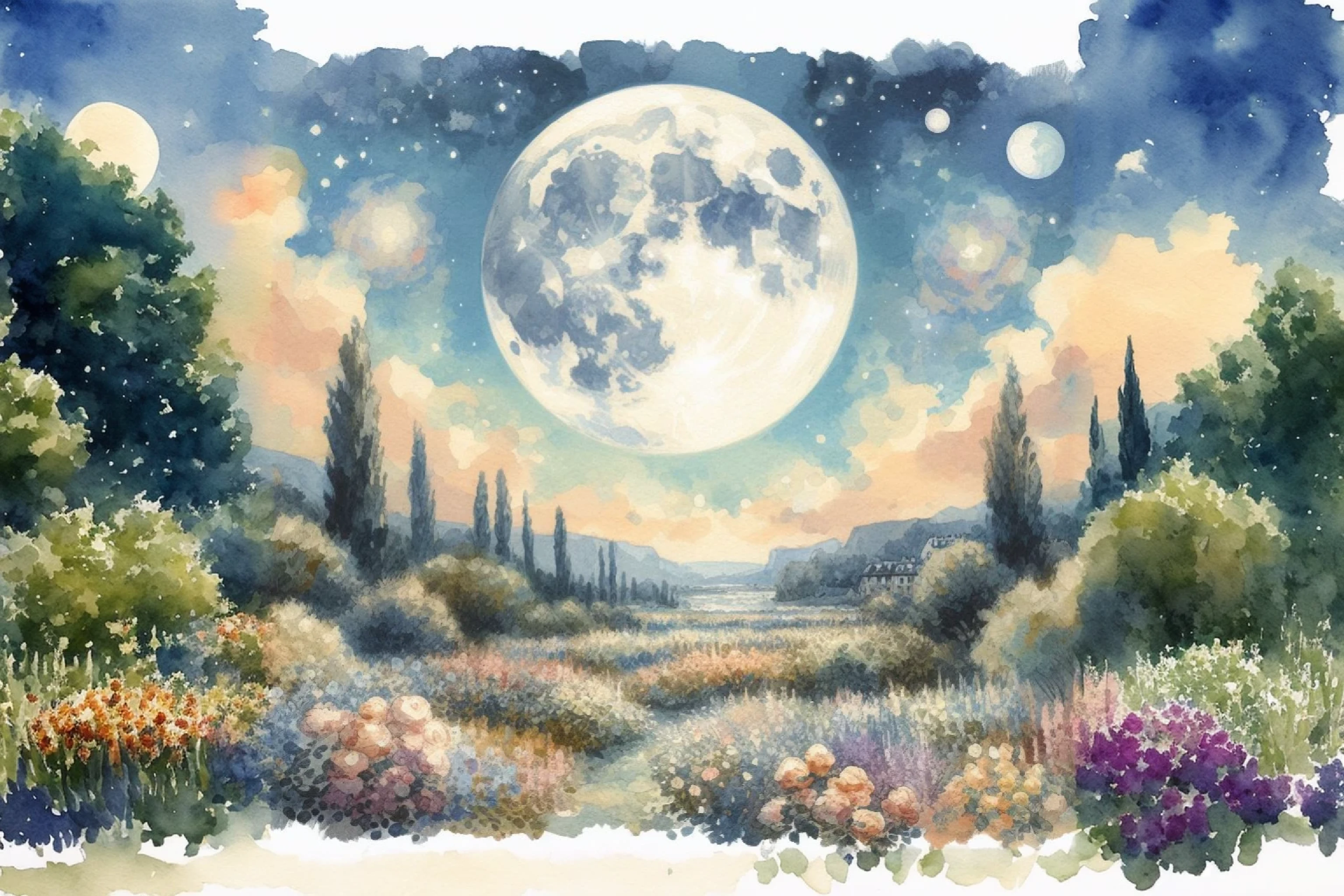 Watercolor Painting. full moon over the garden and field. Monet Painting Style.