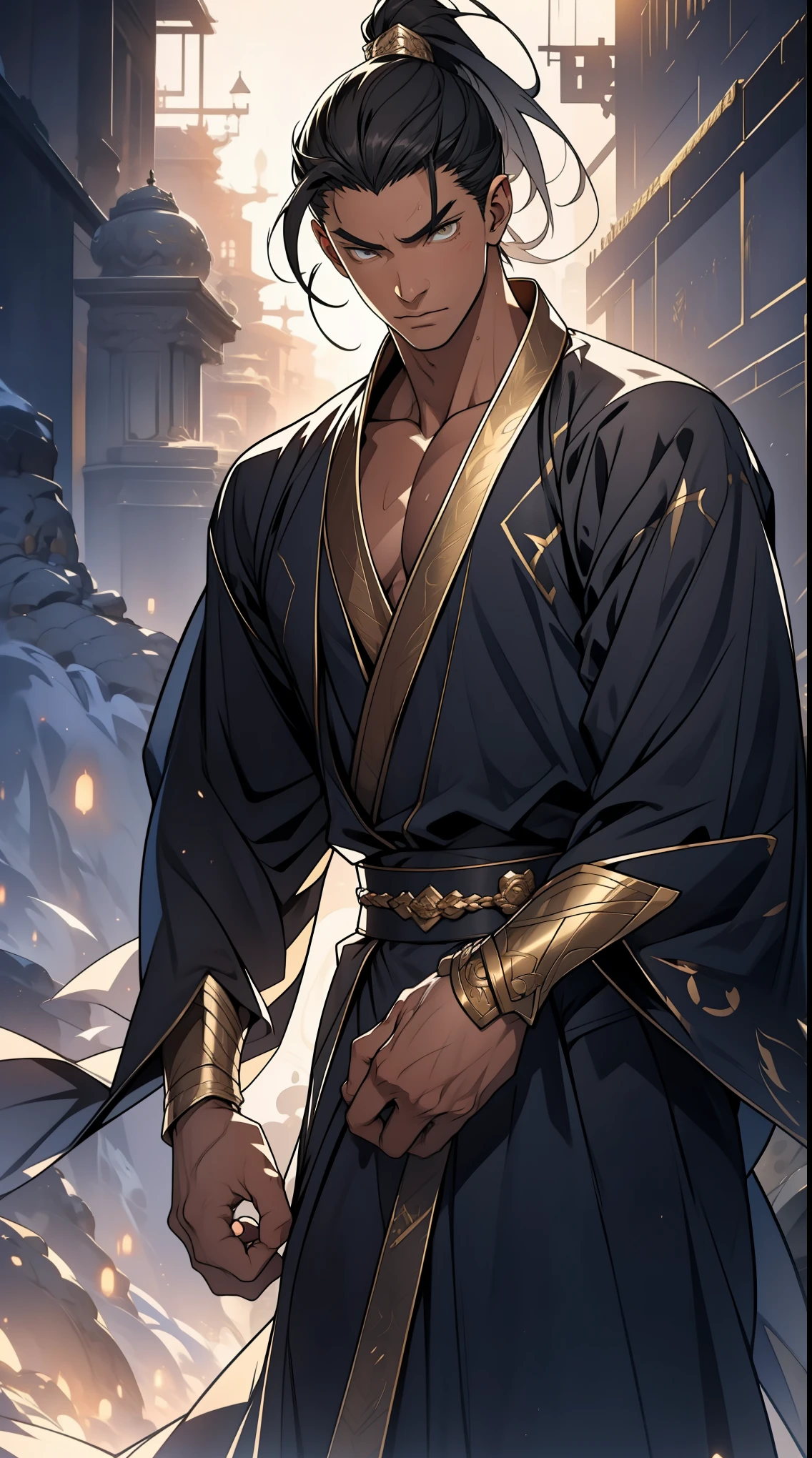 one person(male warrior),proportions are correct,facial details,swordsman,high ponytail hairstyle,neck detail,Have an Adam's apple,Black and gold robe,joke,Black and gold robe,clothing details,Hand over,long sleeves,Game quality,fencing,Ray tracing,Ray tracing,Detailed glow,CG rendering,hair details,Long black and blond hair,Black-gold eyes,Handsome,Handsome,(Youthful feeling),Costumes are complicated,Perfect composition,refine,high quality,higher details,many details,Complex background,a sense of atmosphere,
