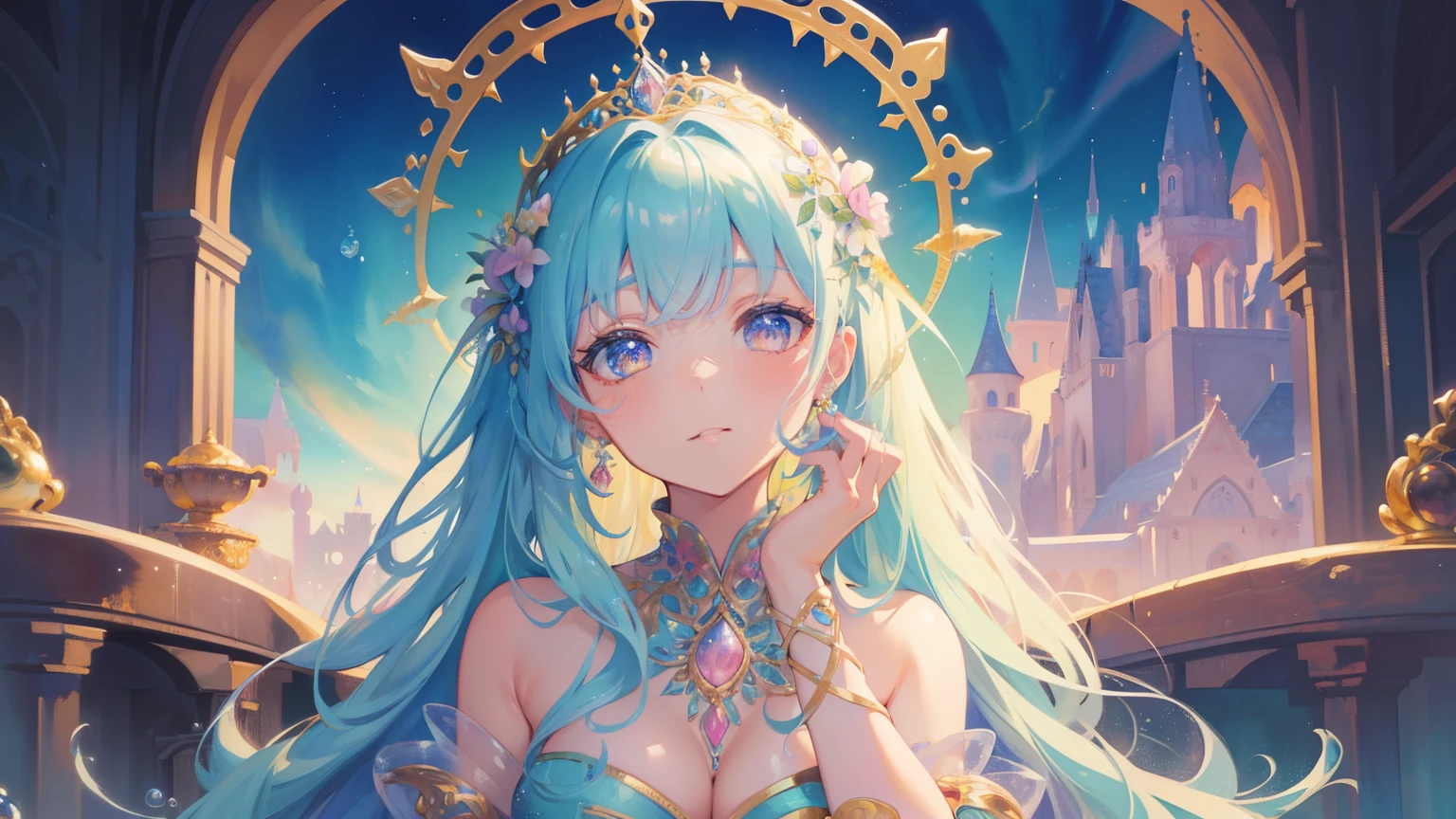 masterpiece, best quality, 8k resolution, sharp focus, intricate details, beautiful girl, Bright Eyes, golden ratio face, otherworldly liquid, watercolor, ((pastel colors)), bright colors, whimsical, rich and colorful, sharp focus, high resolution, Fine details, Princess Fantasy Prom Dress, ((round eyes)), iridescent bubbles, Castle view in the background