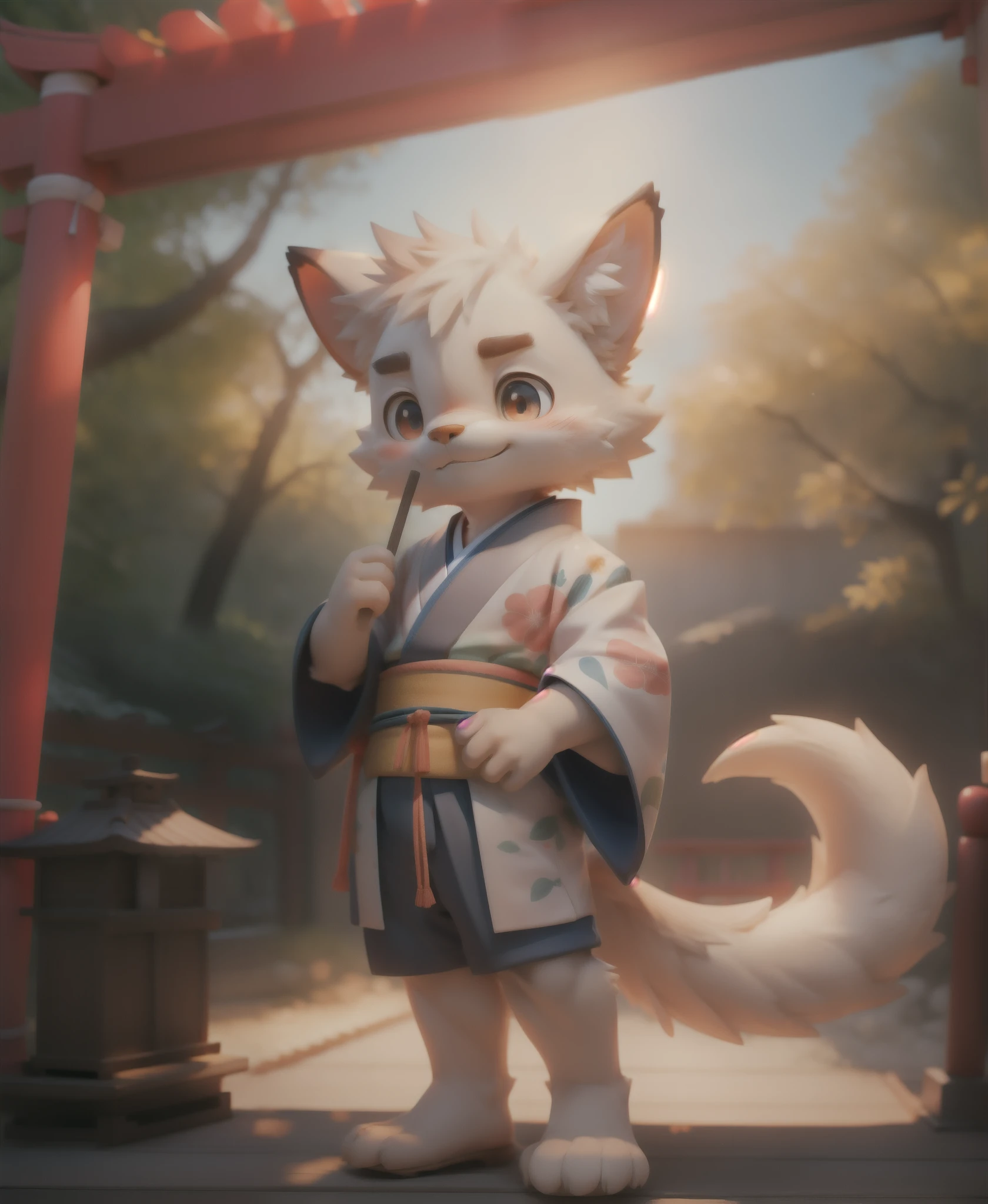 1boy,boy,solo,furry,kemono,pupils,bright_pupils,a tail,japanese_clothes,kimono,gohei,torii,