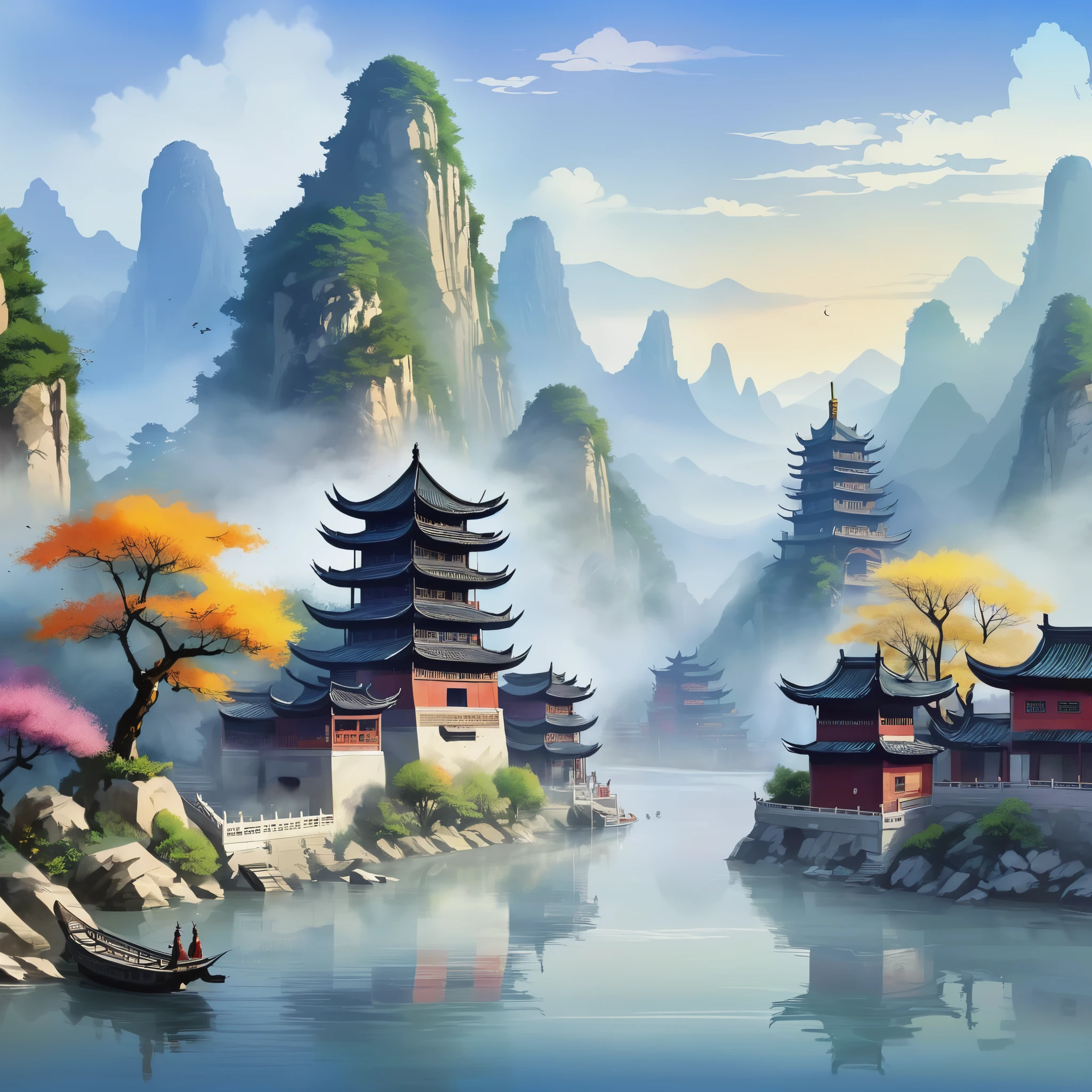 Mountains and pagodas in misty landscape，and rivers, Chinese scenery, Chinese fantasy, Dream China Town, simple, Chinese Dream, Anime landscape, Detailed Landscape - Width 672, Chinese painting style, avatar scenery, landscape artwork, ancient city landscape, Impressive fantasy scenery, fantasy art landscape, china village, Chinese watercolor style, Zen temple background