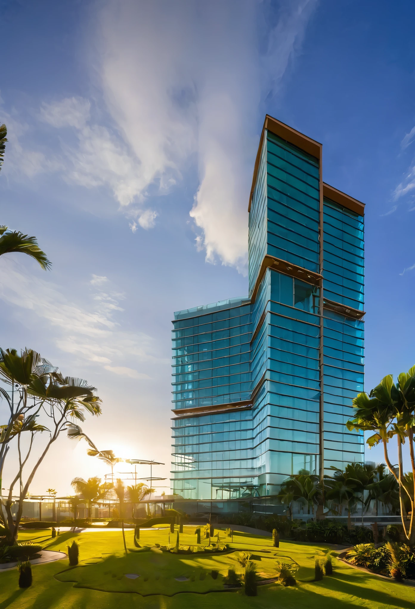 exterior of office building, contemporary style, norman forster style, glass facade, tropical park, beautiful sky, morning