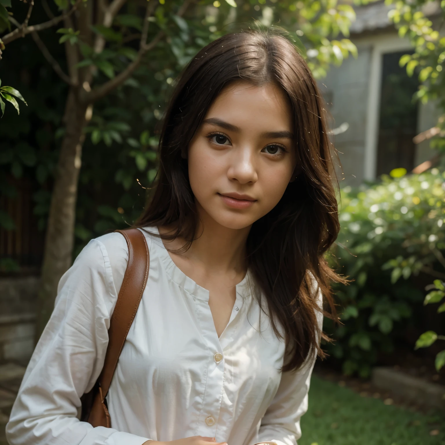 (best quality,4k,8k,highres,masterpiece:1.2),ultra-detailed,(realistic,photorealistic,photo-realistic:1.37),portrait,detailed eyes and face,vivid colors,beautifully dressed Thailand school uniform,innocent expression,traditional background,meticulously hand-painted,oil painting style,soft lighting,subtle shadows,subdued color palette,loose brushstrokes,delicate details,graceful pose,lush greenery and vibrant flowers in the garden,gentle sunlight illuminating her face,school bag slung over her shoulder,hopeful and dreamy atmosphere,impressionistic style,authentic textures,thin layers of paint,capturing the girl's youthful spirit and curiosity,subtle play of light and shadow,dynamic composition,skillful use of color theory,inviting viewers to immerse themselves in the serene ambiance.