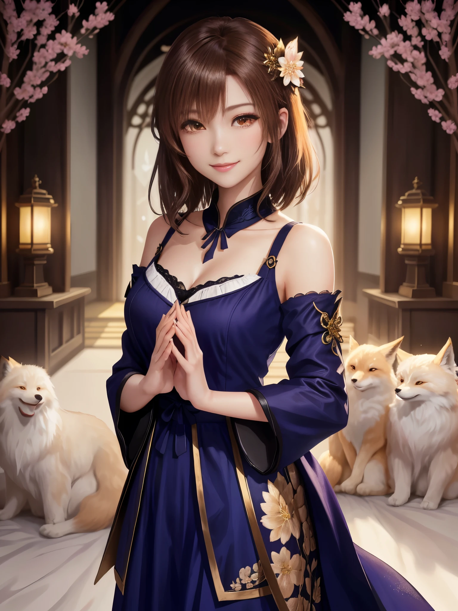 masterpiece , best quality,smile,smile,small face,shoulder exposure,less cleavage exposure,light brown hair,beautifully curled hair,slender body shape,brown eyes,Contrast faithfully reproduced,short hair,Beautiful short hair,Berry Short,short cut hair,just one person,precision quality,Faithfully reproduced eyes, The surroundings are shining gold,golden aura around the body,golden shining background,masterpiece,night,nightの背景,golden background,cherry blossom background,beautiful details, colorful, delicate details, delicate lips, intricate details, genuine, ultrargenuineista, 枝に座っている色とりどりの髪のFoxを持つ女の子:Mature, bright eyes, ,色とりどりのFox, raposa de nine tails, 三尾Fox, 三尾Fox, onmyoji detail art, beautiful fine art illustration, mythical creatures, Fox, beautiful digital art,shrine maiden,hold hands,exquisite digital illustration, mizutsune, Inspired by mythical wild web creatures, pixiv in digital art, shining light, high contrast, Mysterious,