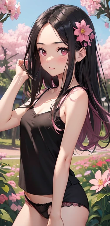 (8K、highest quality、masterpiece:1.2)、Super detailed、super resolution、Realistic、anime:1.2,(1girl)  、(black hair)、long hair,straight hair,red eyes、(forehead:1.3),(face focus,cowboy shot),(black camisole black panties:1.5)、(clear face:1.3),cute face,blush、small breasts,(background is lots of pink flowers only:1.3 ),