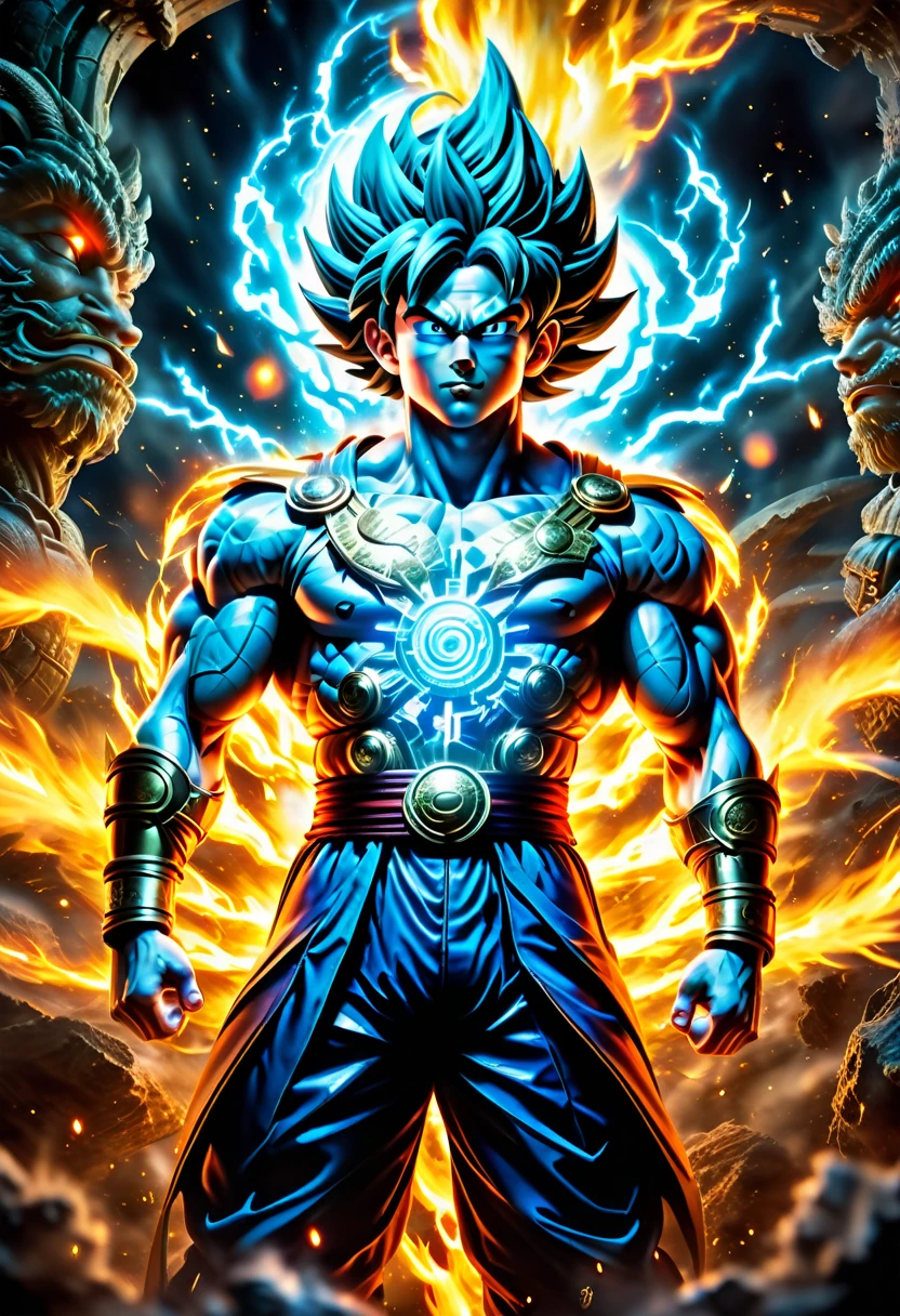 A powerful, action-packed scene from Dragon Ball Super with the best quality, ultra-detailed, vivid colors, and a sharp focus. The medium used in this artwork is a combination of digital illustration and 3D rendering. The main subject of the painting is Goku, the main protagonist, in his Super Saiyan Blue form, surrounded by intense energy and radiant aura. The scene depicts Goku engaged in a fierce battle against an enigmatic and menacing villain, both showcasing their extraordinary strength and power. The artwork captures the dynamic and explosive energy of the battle, with Goku launching a devastating Kamehameha attack and the villain retaliating with a dark and sinister energy blast. The vivid colors and extreme detail description highlight every muscle and expression on Goku's face, showcasing his determination and intense focus. The artwork has a photorealistic style, with meticulously rendered textures and shading that give it a hyper-realistic appearance. The lighting in the scene is dramatic, emphasizing the intensity of the battle and creating a sense of movement and depth. The color palette is vibrant and energetic, with a dominant use of blue and golden hues, representing Goku's Super Saiyan Blue form. The artwork has a stunning and captivating overall composition, with the characters positioned in the center of the frame and the background showcasing the destruction and chaos caused by their epic clash. This artwork is a masterpiece that captures the essence of Dragon Ball Super and the thrilling battles that define the series.