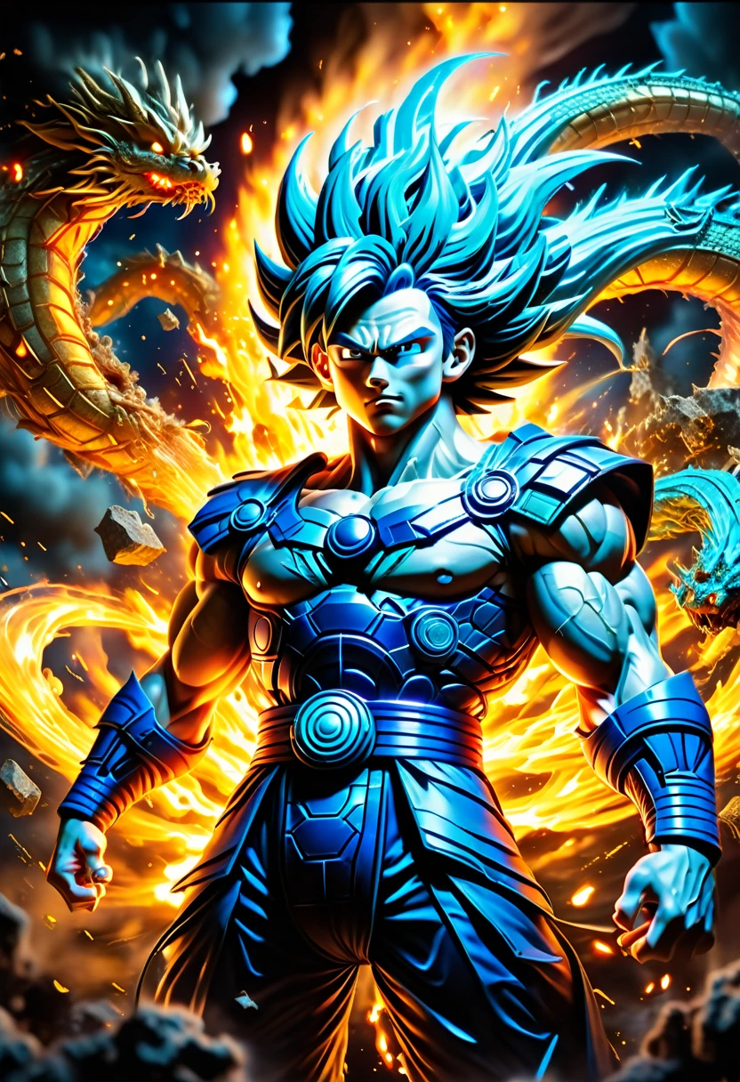A powerful, action-packed scene from Dragon Ball Super with the best quality, ultra-detailed, vivid colors, and a sharp focus. The medium used in this artwork is a combination of digital illustration and 3D rendering. The main subject of the painting is Goku, the main protagonist, in his Super Saiyan Blue form, surrounded by intense energy and radiant aura. The scene depicts Goku engaged in a fierce battle against an enigmatic and menacing villain, both showcasing their extraordinary strength and power. The artwork captures the dynamic and explosive energy of the battle, with Goku launching a devastating Kamehameha attack and the villain retaliating with a dark and sinister energy blast. The vivid colors and extreme detail description highlight every muscle and expression on Goku's face, showcasing his determination and intense focus. The artwork has a photorealistic style, with meticulously rendered textures and shading that give it a hyper-realistic appearance. The lighting in the scene is dramatic, emphasizing the intensity of the battle and creating a sense of movement and depth. The color palette is vibrant and energetic, with a dominant use of blue and golden hues, representing Goku's Super Saiyan Blue form. The artwork has a stunning and captivating overall composition, with the characters positioned in the center of the frame and the background showcasing the destruction and chaos caused by their epic clash. This artwork is a masterpiece that captures the essence of Dragon Ball Super and the thrilling battles that define the series.