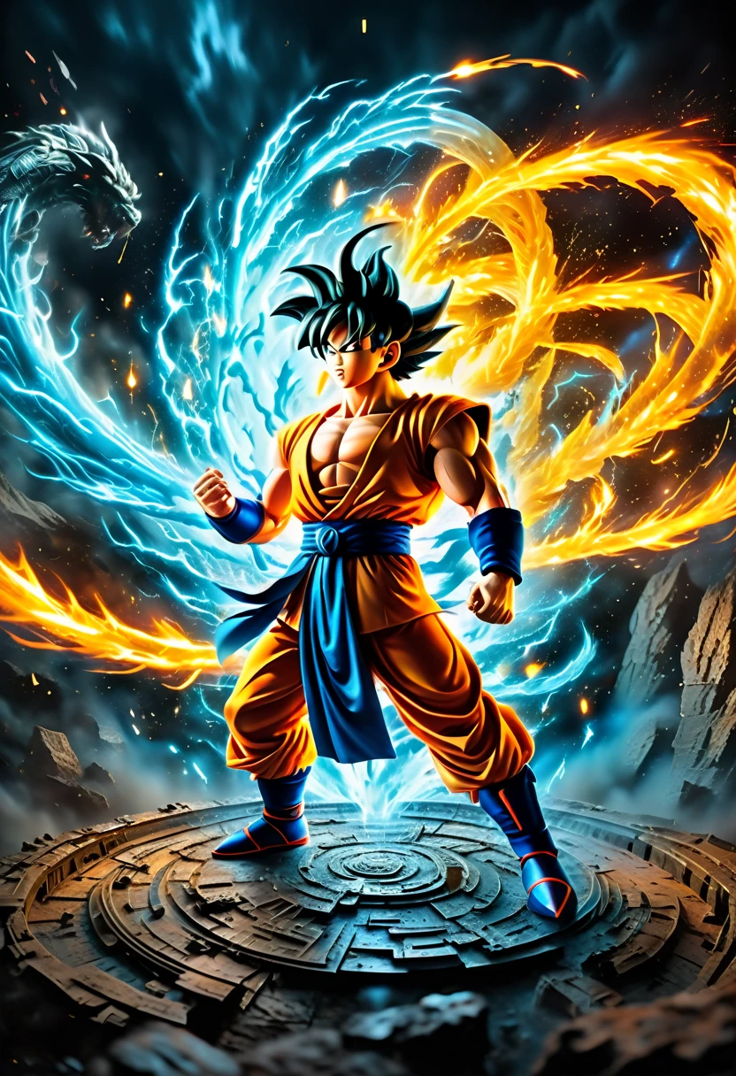 A powerful, action-packed scene from Dragon Ball Super with the best quality, ultra-detailed, vivid colors, and a sharp focus. The medium used in this artwork is a combination of digital illustration and 3D rendering. The main subject of the painting is Goku, the main protagonist, in his Super Saiyan Blue form, surrounded by intense energy and radiant aura. The scene depicts Goku engaged in a fierce battle against an enigmatic and menacing villain, both showcasing their extraordinary strength and power. The artwork captures the dynamic and explosive energy of the battle, with Goku launching a devastating Kamehameha attack and the villain retaliating with a dark and sinister energy blast. The vivid colors and extreme detail description highlight every muscle and expression on Goku's face, showcasing his determination and intense focus. The artwork has a photorealistic style, with meticulously rendered textures and shading that give it a hyper-realistic appearance. The lighting in the scene is dramatic, emphasizing the intensity of the battle and creating a sense of movement and depth. The color palette is vibrant and energetic, with a dominant use of blue and golden hues, representing Goku's Super Saiyan Blue form. The artwork has a stunning and captivating overall composition, with the characters positioned in the center of the frame and the background showcasing the destruction and chaos caused by their epic clash. This artwork is a masterpiece that captures the essence of Dragon Ball Super and the thrilling battles that define the series.