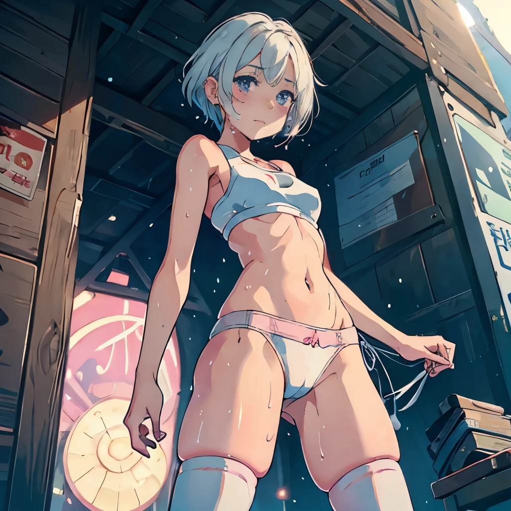 for the audience,Evening light,The park is crowded with people,15 year old handsome girl with arrogant face,A white-haired man with short hair、Girl wearing white tight thong,stand,standing,stand on the ground,Peerless beauty,perfect face,Perfect body,pink skin under thong, exposed navel,The thighs are very thin,The calves are very thin,Anime girl's legs slightly spread,White sweat on inner thighs,White sweat on the abdomen,Place your hands on your chest,armpit, beautiful anime girl, Anime Barbie wearing white knee-high socks, pretty face,small breasts,Wear a white sports bra,cover upper breast, smooth pink skin,strangulation marks,sweat,wet,(facial)Smile,blush,Finger Biye