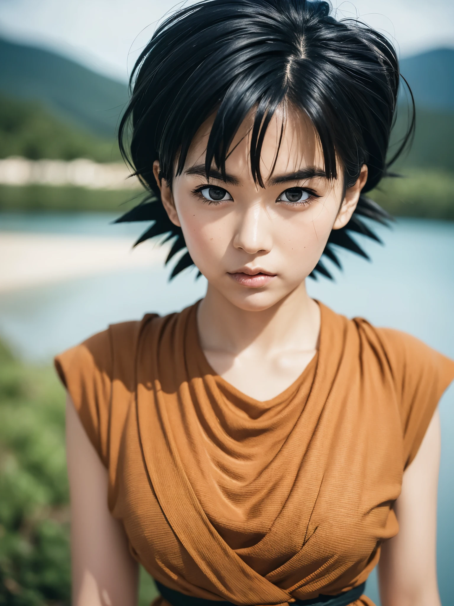 Akira Toriyama manga，Anime Dragon Ball character Bulma，Portrait close-up，The eyes are sharply focused，Island background，real photography，Real skin texture，grainy，8k，Meticulous portrayal，Super fine，hyper-realistic，Super detailed，best quality，masterpiece