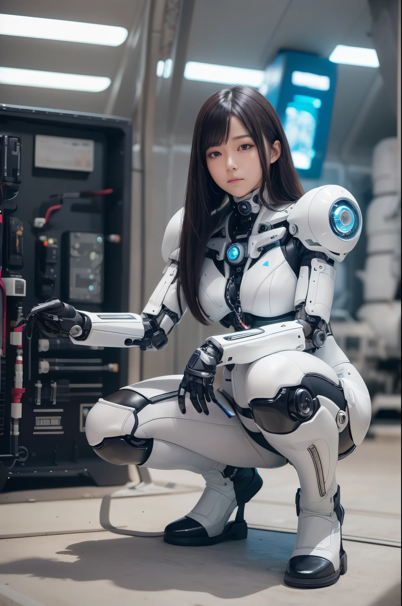 masterpiece, best quality, extremely detailed, Japanese android girl,Plump,control panels,Squat,Mechanical Hand,Robot arms and legs, black sponge joints,blunt bangs,white robot body,ceramic body,white long boots,perfect cyborg girl,charging spot,She is charging now,blue eyes