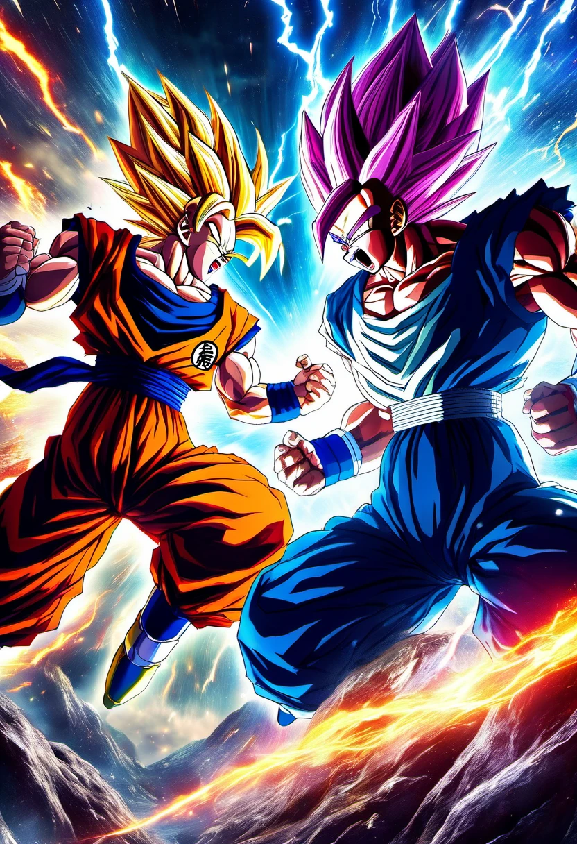 a fierce battle between Goku and Vegeta, vibrant and dynamic energy, explosive power, intense fight scenes, Super Saiyan transformations, detailed muscle definition and expressions, anime style, bright and vivid colors, dramatic lighting effects, fast-paced action, fiery energy blasts, intense power levels, epic and monumental showdown, high-quality artwork and illustration, photorealistic details, dynamic camera angles, dramatic poses, breathtaking moments, iconic Dragon Ball characters, power struggle, otherworldly landscapes, immersive and action-packed scenes, grand and epic scale, superhuman abilities, intense aura, electrifying atmosphere.