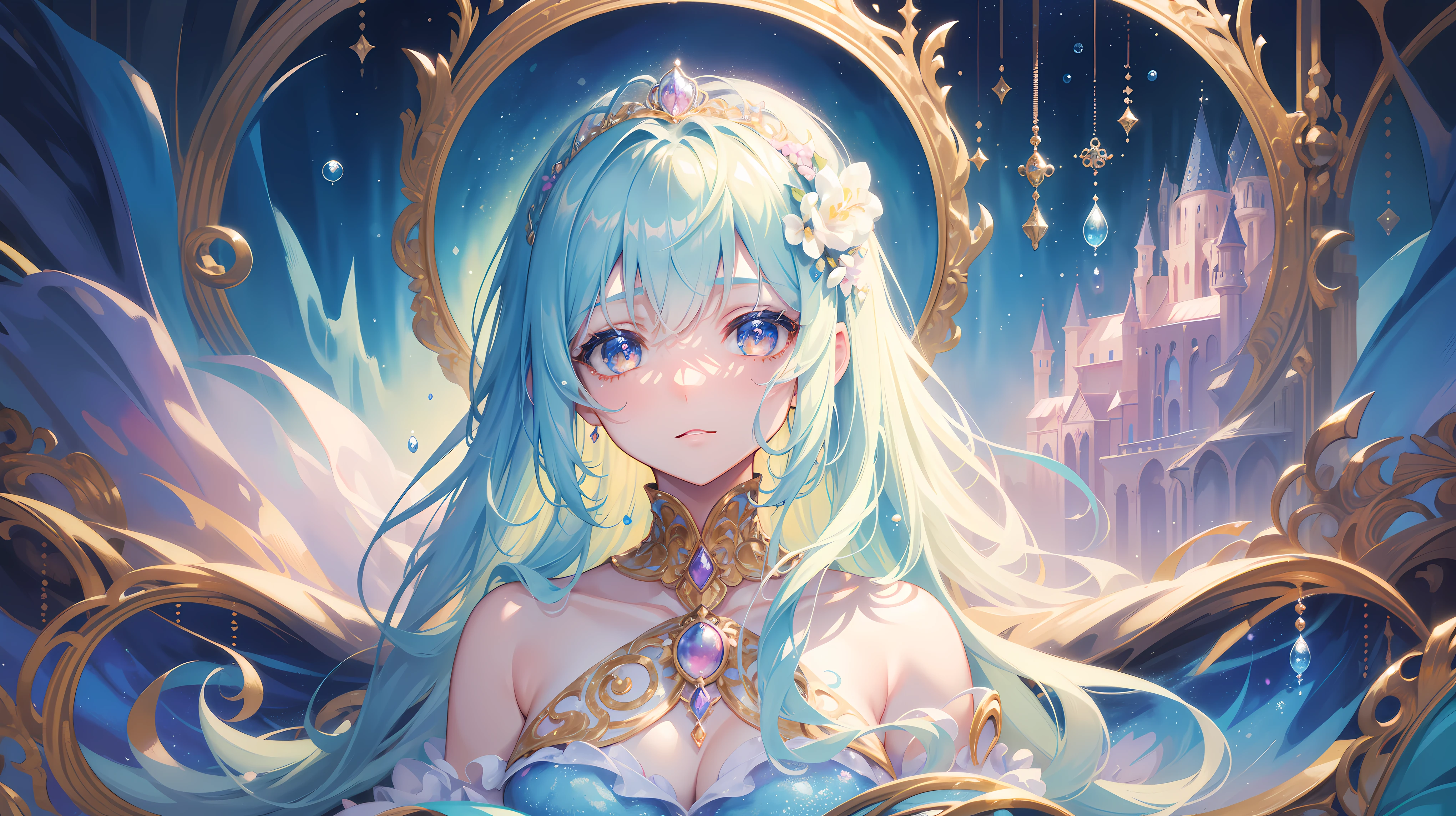 masterpiece, best quality, 8k resolution, sharp focus, intricate details, beautiful girl, Bright Eyes, golden ratio face, otherworldly liquid, watercolor, ((pastel colors)), bright colors, whimsical, colorful, sharp focus, high resolution, fine details, Princess Fantasy Prom Dress, ((round eyes)), iridescent bubbles, Castle view in the background