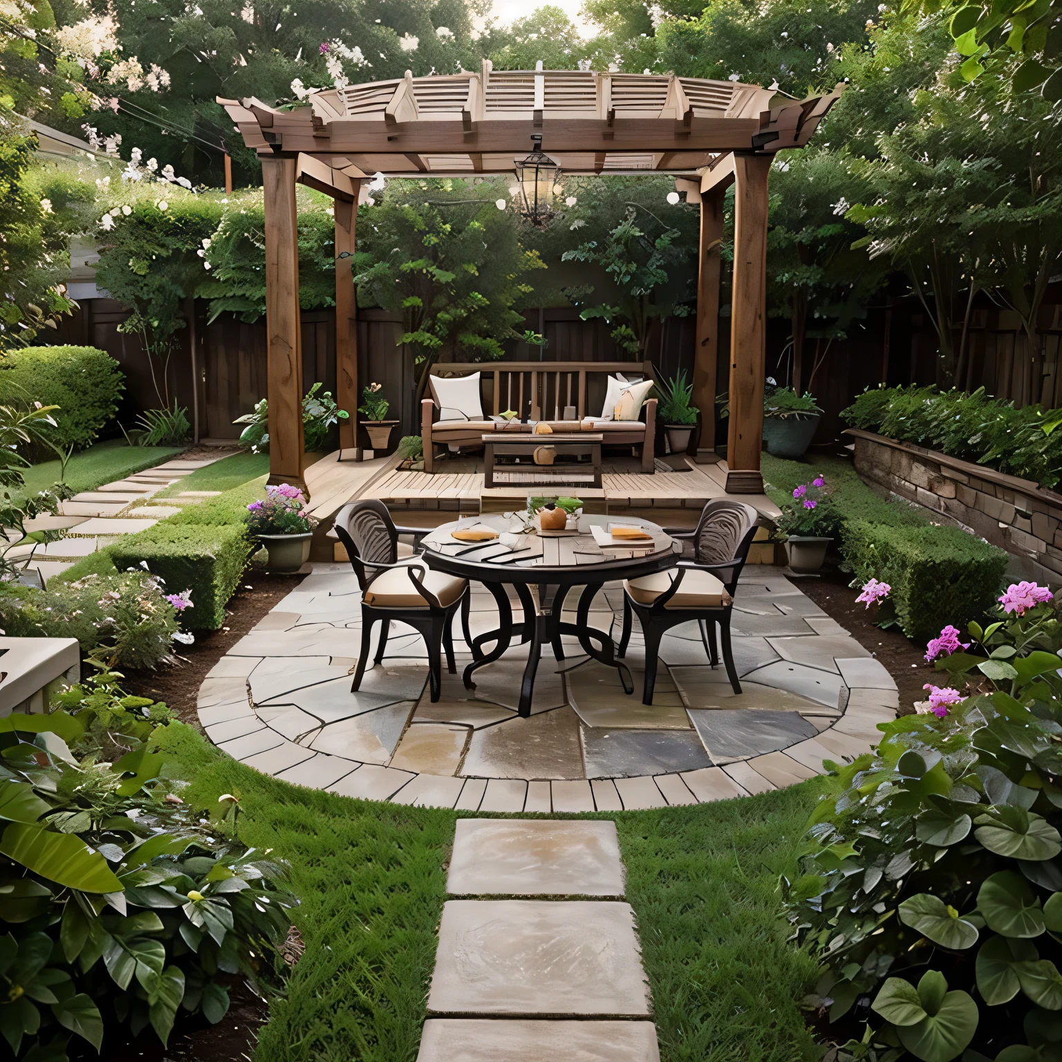 A lush garden and backyard with various elements such as Patio, Deck, Gazebo, Arbor, Pergola, and more. Comfortable Seating Area