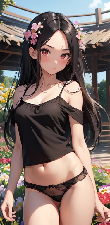 (8K、highest quality、masterpiece:1.2)、Super detailed、super resolution、Realistic、anime:1.2,(1girl) 、(black hair)、long hair,straight hair,red eyes、(forehead:1.3),(face focus,cowboy shot),(black camisole black panties:1.5)、(clear face:1.3),cute face,blush、small breasts,(surrounded by many flowers:1.3 ),