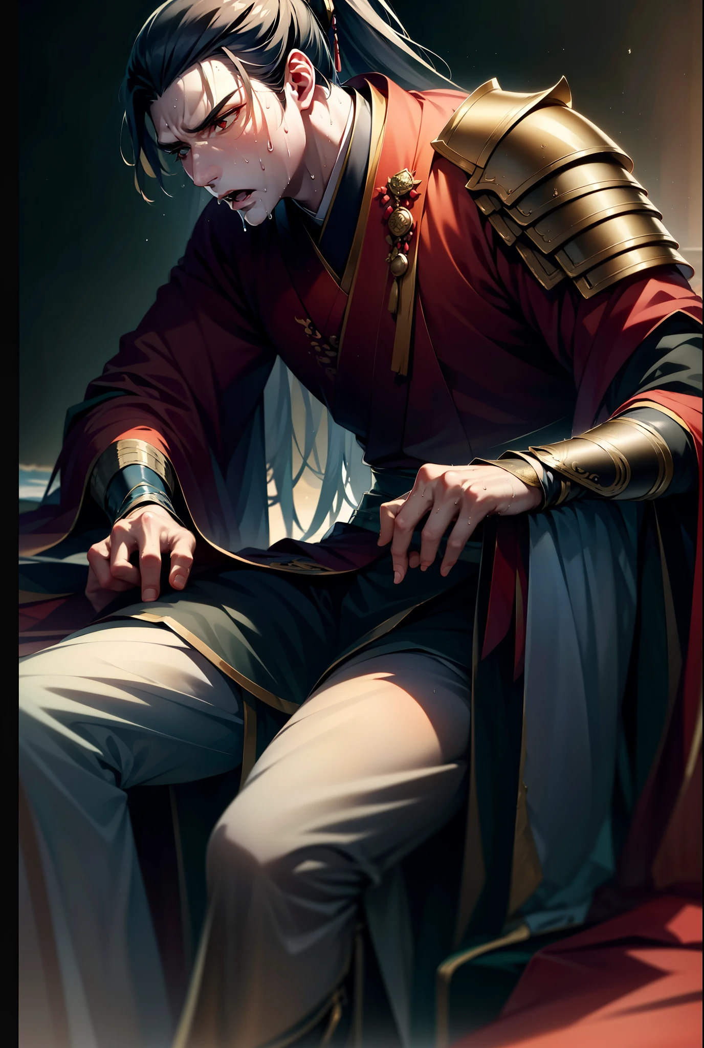 1 male, sweat, open mouth, Slobber, 湿of, 湿of, sweat pectorals, sweat abs, sweat crotch, golden costume Hanfu, dragon robe, 英俊of脸, of, Highest quality, dark skin, Long hair with a high ponytail, detail Hanfu, Wear arm guards, armor, Leggings, leggings, boots (ancient Chinese military boots), Looks like a general, squat, forked legs squat, half squat, crotch sweat, Crotch shape, Sweating in the crotch, long legs, leg contour, Thigh close-up, Calf close-up, 完美of双腿