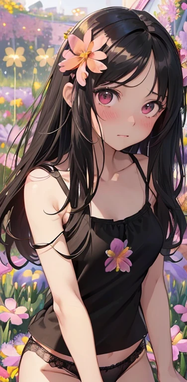 (8K、highest quality、masterpiece:1.2)、Super detailed、super resolution、Realistic、anime:1.2,(1girl)  、(black hair)、long hair,straight hair,red eyes、(forehead:1.3),(face focus,cowboy shot),(black camisole black panties:1.5)、(clear face:1.3),cute face,blush、small breasts,(surrounded by many flowers:1.8 ),