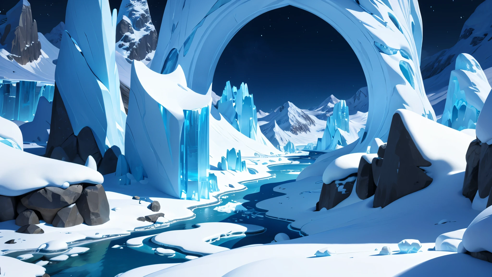 here is a very large iceberg with a lot of ice on it, icey tundra background, pillars of ice background, ice mountains in the background, icy landscape, icy mountains, surreal frozen landscape, ice mountains afar, cave background, vast ice dungeon, background art, mobile game background, ice shards, frostbite 3 rendered, icy mountains in the background