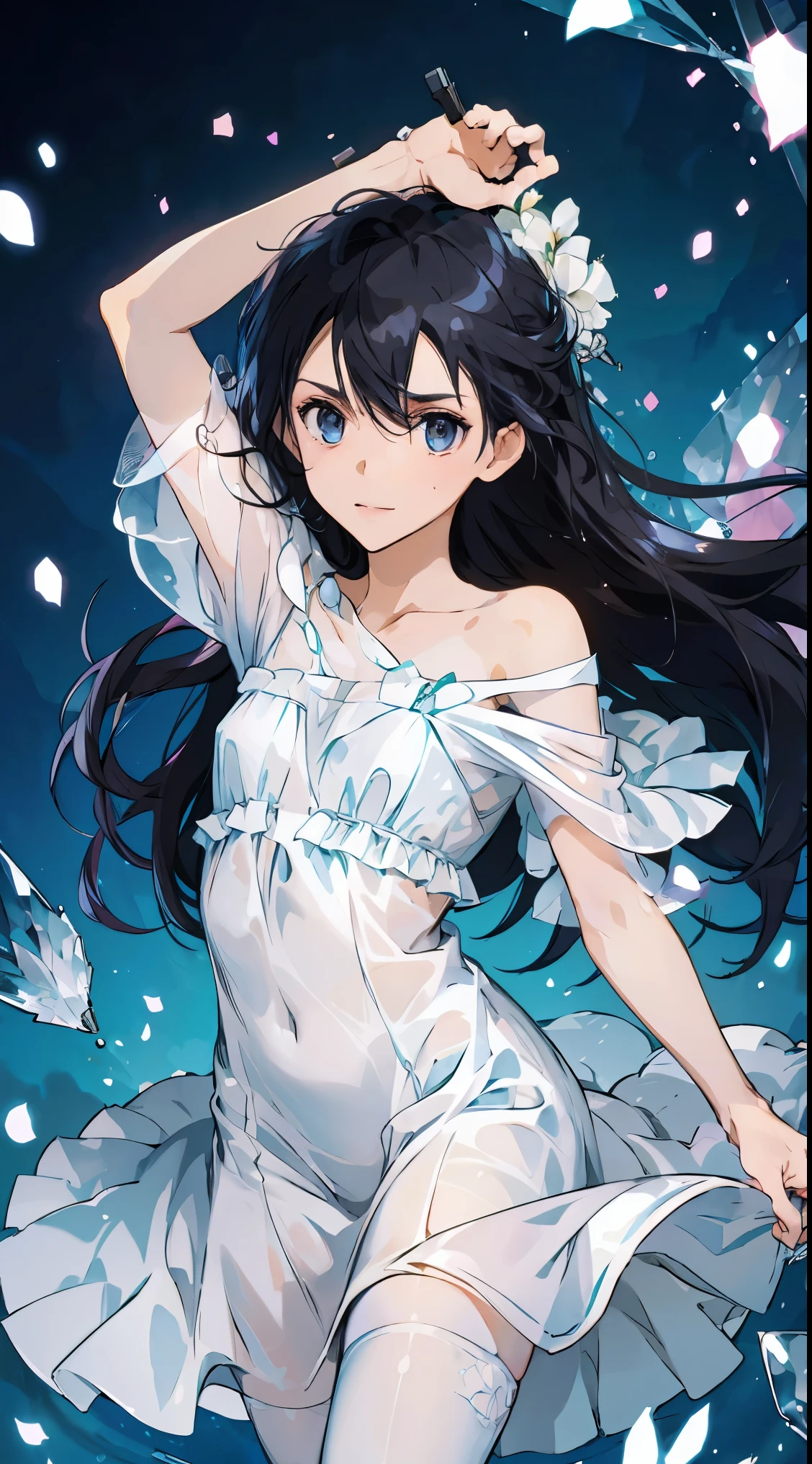 (a woman),(black hair), (rich and colorful hair),medium chest,(black hair), rich and colorful, (crystal),shining, soft light, radiant hair, Stunning iridescent hair and stunning eyes,a delicate face,delicate eyes,The style of watercolor painting is、Inject a dreamy quality into your artwork, Dance with a mix of colors, Long-haired girls’ hair has a rainbow spectrum, Each shade flows seamlessly into the next,Detailed face, delicate eyes, simple white dress, crystal花, around flowers, Cup of flowers,Female Kirito,black stockings