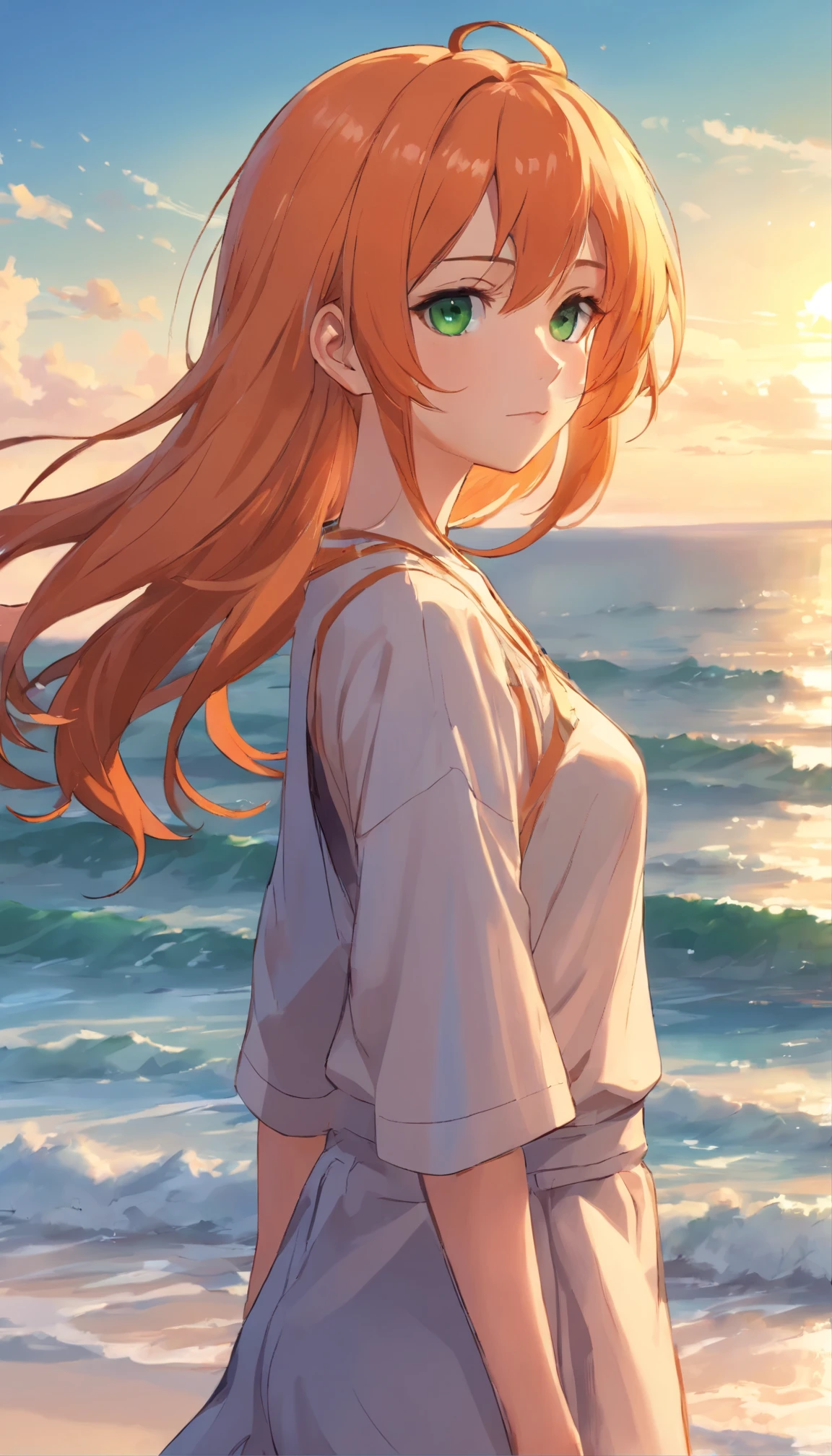 Anime girl with long orange hair, standing on the beach near the ocean, green eyes detailed digital anime art, Anime girl with long hair, гладкое аниме cg art, Anime girl with long hair, digital anime art, work in Guweiz style, Beautiful anime portrait, Photorealistic render of an anime girl, Beautiful anime girl, advanced digital anime art, guweiz на artstation pixiv HD UHD HQ