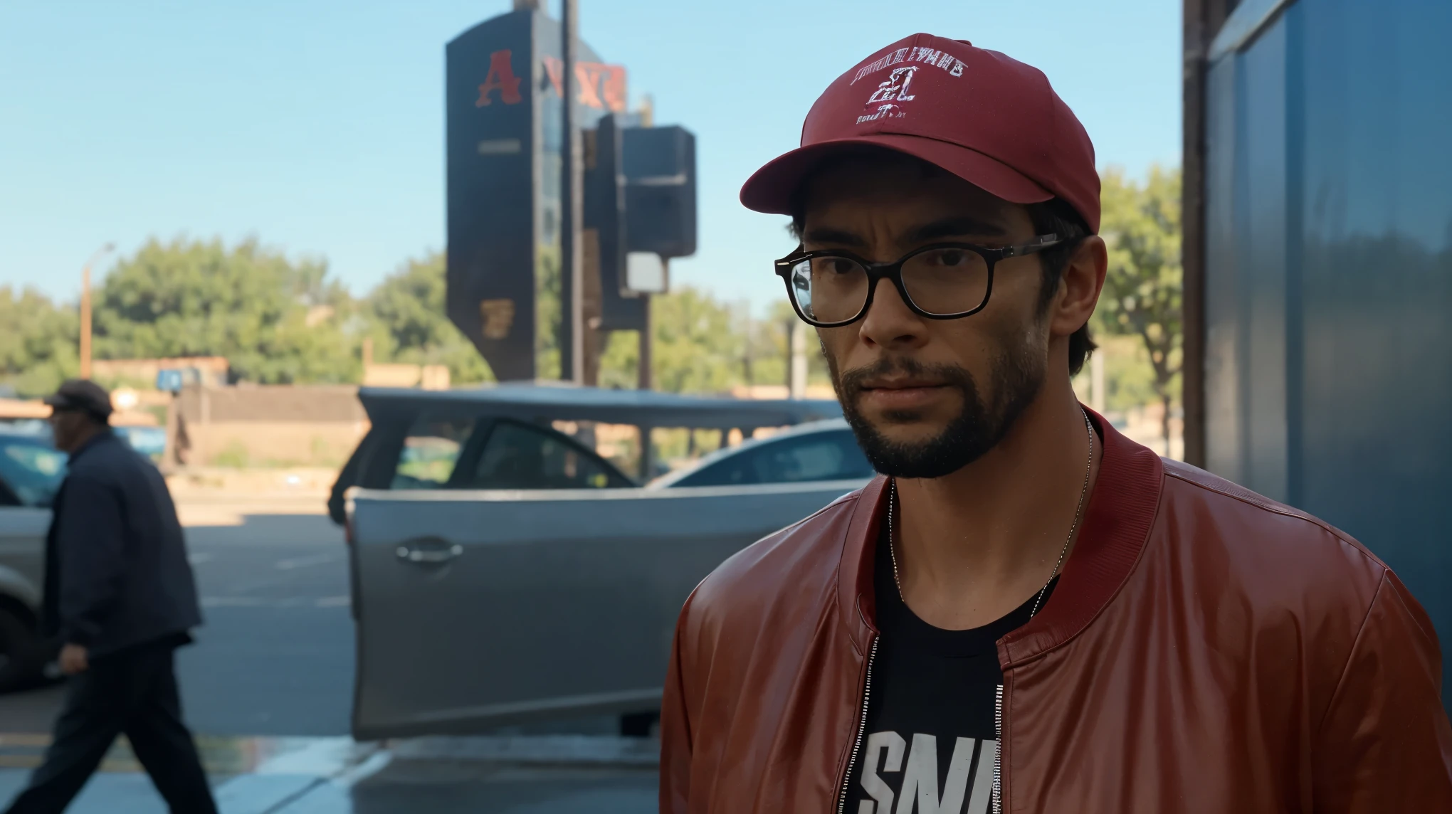 ((A eljhzubl man)) with glasses and red baseball cap in terminator 2, highest quality cinematic movie stills