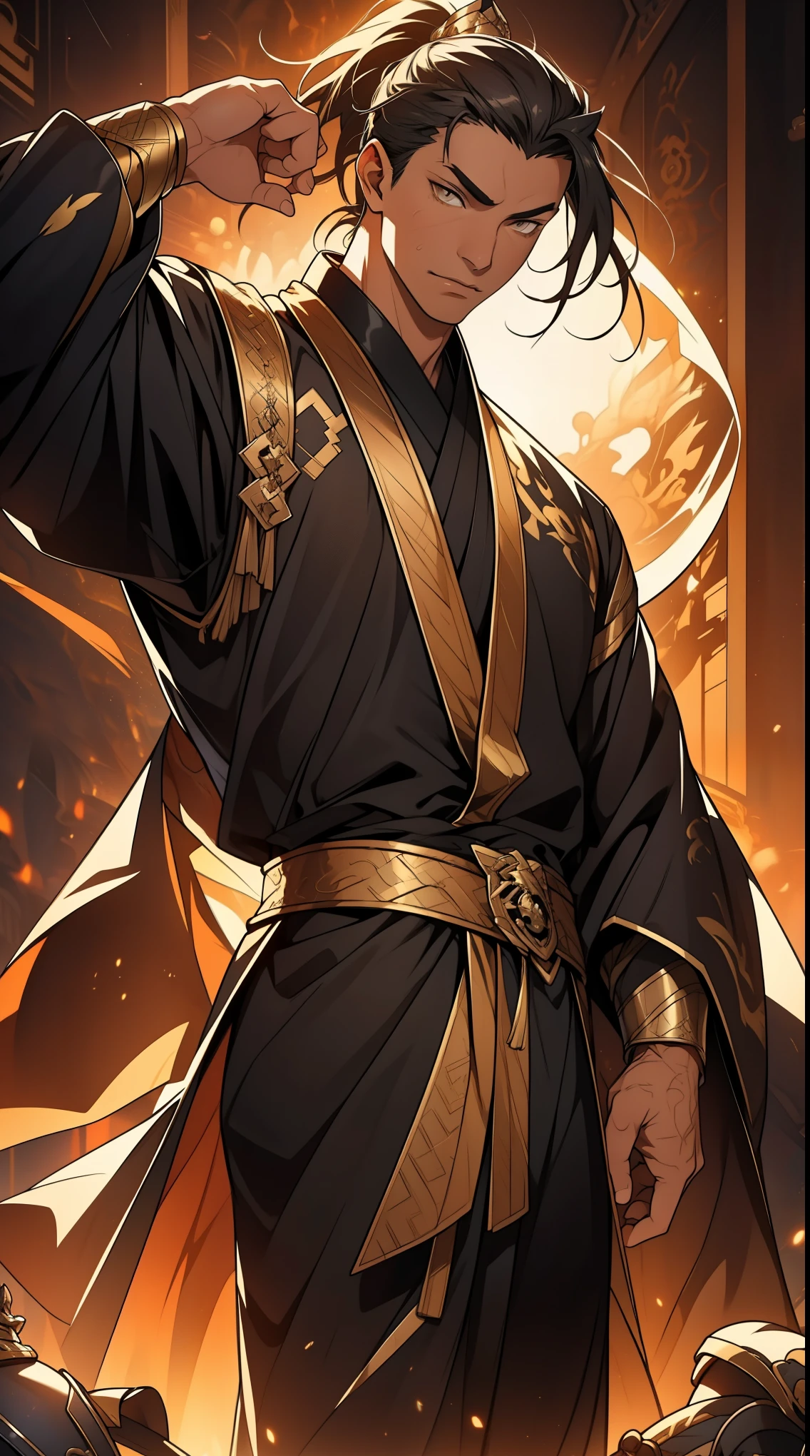 one person(male warrior),proportions are correct,facial details,swordsman,high ponytail hairstyle,neck detail,Have an Adam's apple,Black and gold robe,joke,Black and gold robe,clothing details,Hand over,long sleeves,Game quality,fencing,Ray tracing,Ray tracing,Detailed glow,CG rendering,hair details,Long black and blond hair,Black-gold eyes,Handsome,Handsome,(Youthful feeling),Costumes are complicated,Perfect composition,refine,high quality,higher details,many details,Complex background,a sense of atmosphere,