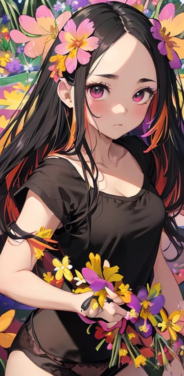 (8K、highest quality、masterpiece:1.2)、Super detailed、super resolution、Realistic、anime:1.2,(1girl) 、(black hair)、long hair,straight hair,red eyes、(forehead:1.3),(face focus,cowboy shot),(black camisole black panties:1.5)、(clear face:1.3),cute face,blush、small breasts,(surrounded by many colorful flowers:1.8 ),