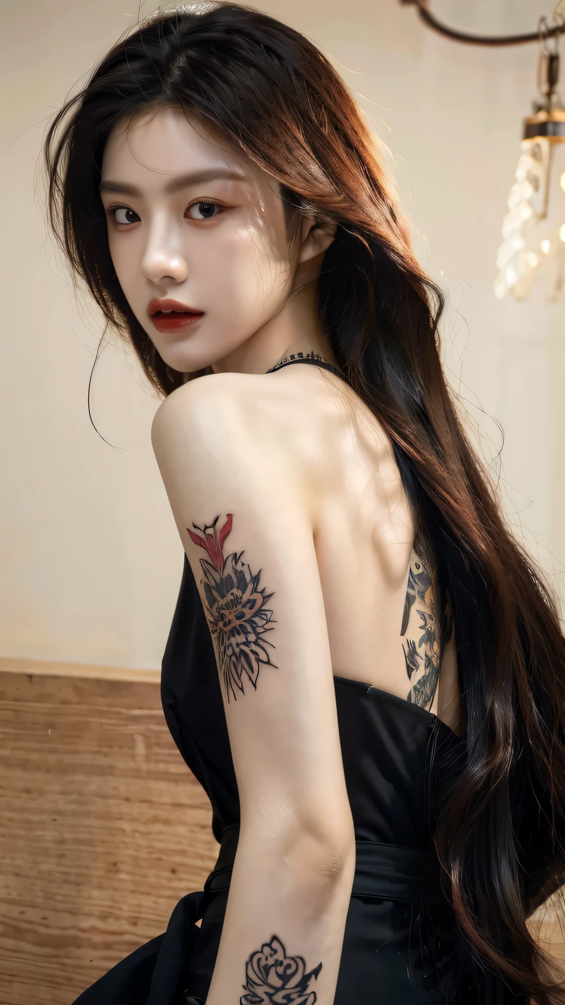 Tattoo girl, Very beautiful, super long hairstyle, messy hair, killing intent, Handsome man, betrayal, irate, Dark background, 8K, Dynamic Wallpapers, Very delicate, Very dense, dinamic pose, dinamic style, masterpiece, gangsta, mafia, tatto body, mafia tatto, beautiful, ethernal beautiful, beauty mafia, boss, blood, in the mafia headquarter, blood dress, a lot tatto, perfect face