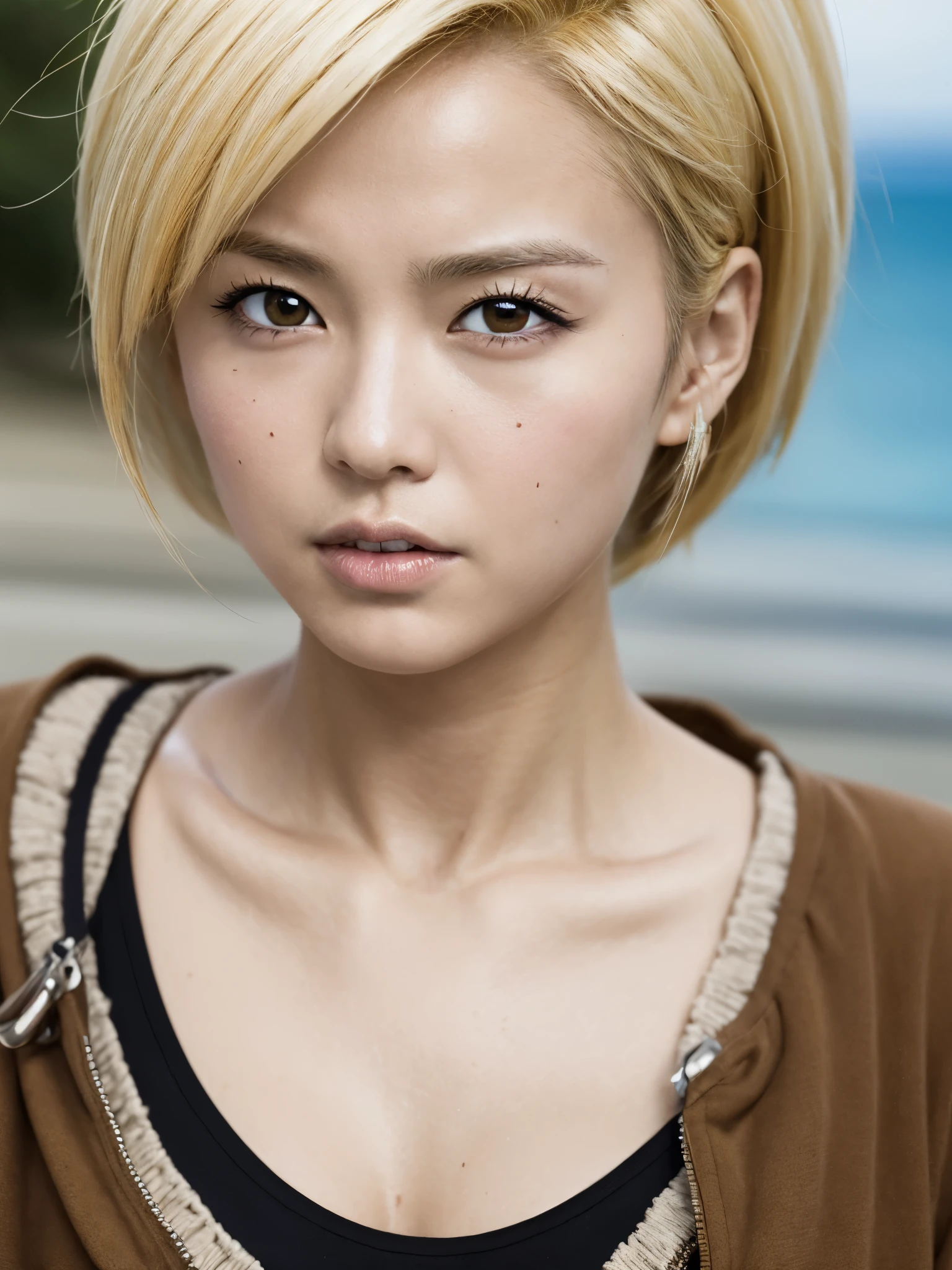 Akira Toriyama manga，anime dragon ball characters，Android 18，blonde，Portrait close-up，The eyes are sharply focused，Island background，real photography，Real skin texture，grainy，8k，Meticulous portrayal，Super fine，hyper-realistic，Super detailed，best quality，masterpiece