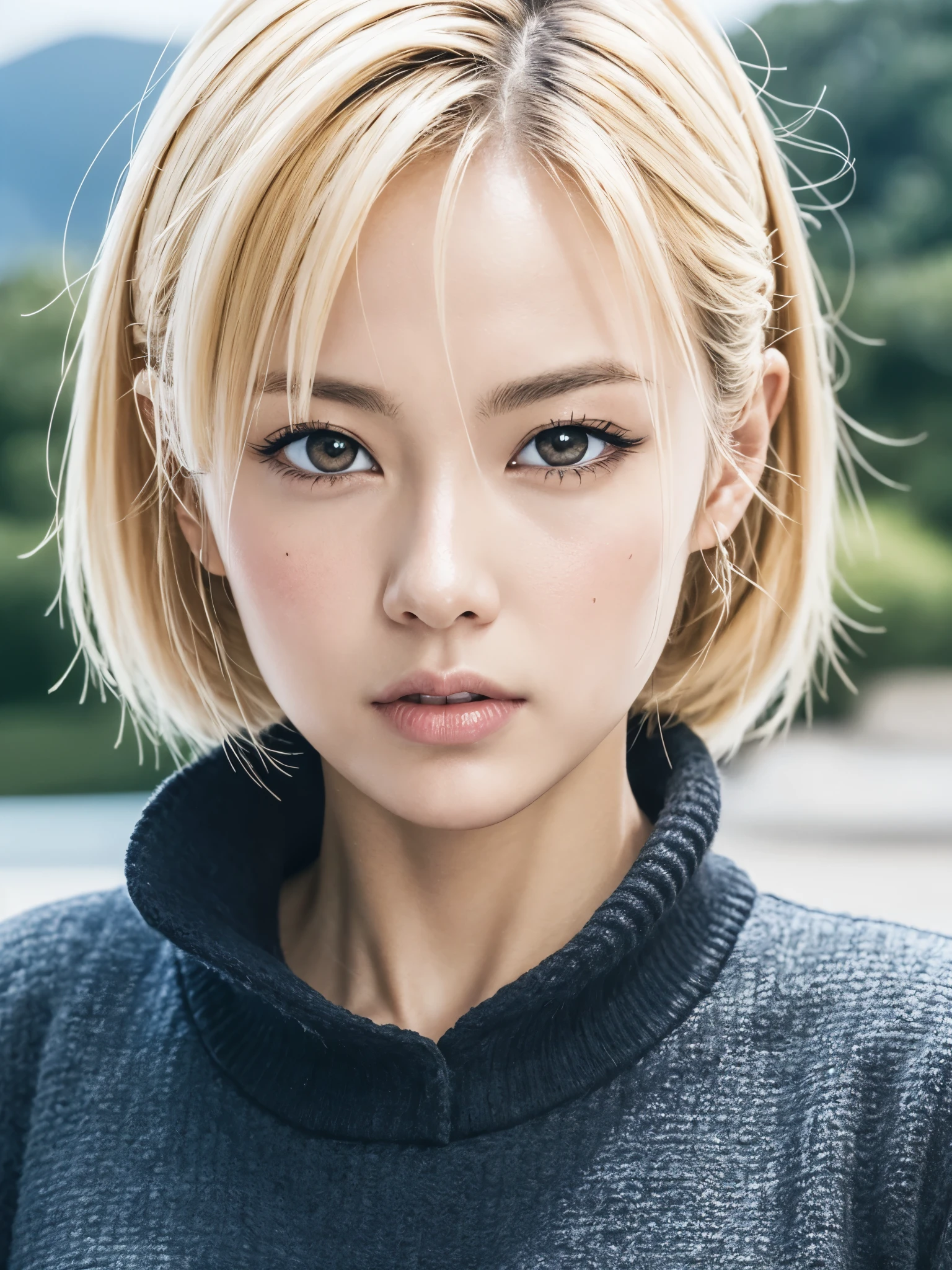 Akira Toriyama manga，anime dragon ball characters，Android 18，blonde，Portrait close-up，The eyes are sharply focused，Island background，real photography，Real skin texture，grainy，8k，Meticulous portrayal，Super fine，hyper-realistic，Super detailed，best quality，masterpiece