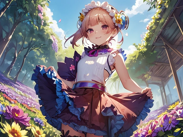 (masterpiece, absurd quality, best quality, official art, beautiful and aesthetic:1.2), 16K, cute petit girl, extreme detailed, digital art, colorful, highest detailed, vivid color, (transform sequence), babyface, cinematic lighting, (from below:1.5), dynamic angle, landscape, (dirty clothes:1.5), scenery, (soro:1.5), (flower field:1.5), (extreme detailed lips:1.3), eyelashes, extremely detailed face, (perfect legs, perfect hands, perfect anatomy:1.1), depth of field, dappled sunlight, beautiful lighting, chibi, (floating hair:1.3), detailed skin, shiny, (suspended:1.5), (Uplifting:1.5), (sexual feeling:1.0), shiny skin, shiny hair, shiny face, shiny skin, (voluminous frills skirt,:1.5) ,(voluminous panniers in skirt:1.5), (orgasm face:1.4), disheveled clothes, (upper body:1.5), (happy:1.5), from front, (small breasts:1.5), (clothed:1.3), (sleeveless:1.5)