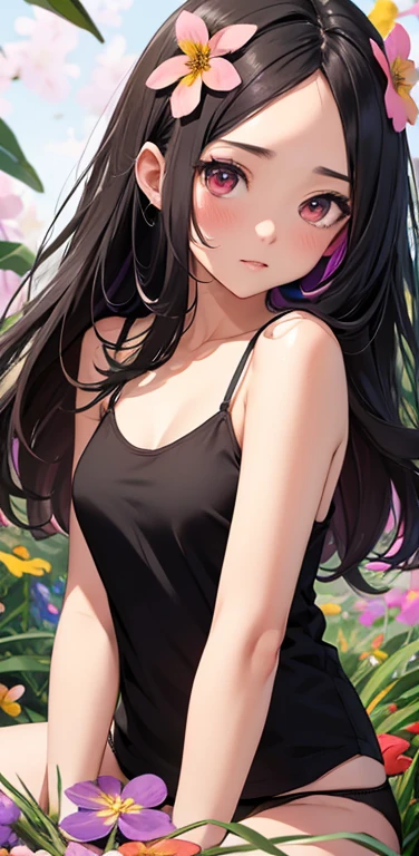 (8K、highest quality、masterpiece:1.2)、Super detailed、super resolution、Realistic、anime:1.2,(1girl)  、(black hair)、long hair,straight hair,red eyes、(forehead:1.3),(face focus,upper body),(black camisole black panties:1.5)、(clear face:1.3),cute face,blush、small breasts,(surrounded by many colorful flowers:1.8 ),