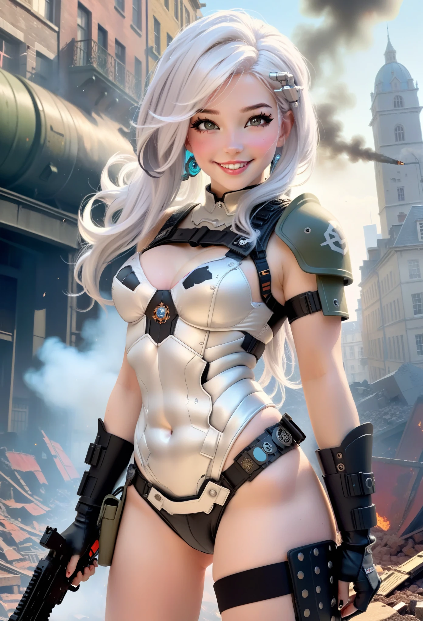 torso shot, facing front, best quality, masterpiece, cyberpunk female belle delphine as 1girl, (solo:1.3), ultra detailed,detailed face, 8k wallpaper, platinum white hair in side cut fashion, wide hips, smile, military female soldier with gear of war, city background, smoke and rubbles, by  james gilleard, by joe fenton, by kaethe butcher