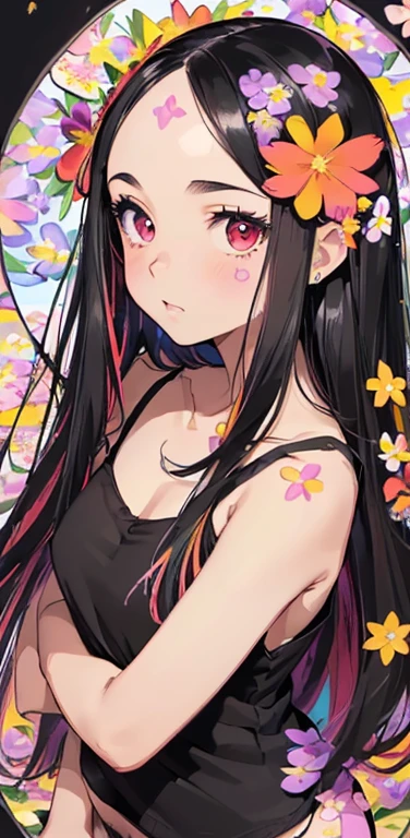 (8K、highest quality、masterpiece:1.2)、Super detailed、super resolution、Realistic、anime:1.2,(1girl) 、(black hair)、long hair,straight hair,red eyes、(forehead:1.3),(face focus,upper body),(black camisole black panties:1.5)、(clear face:1.3),cute face,blush、small breasts,(surrounded by many colorful flowers:1.8 ),
