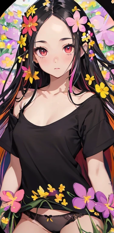 (8K、highest quality、masterpiece:1.2)、Super detailed、super resolution、Realistic、anime:1.2,(1girl)  、(black hair)、long hair,straight hair,red eyes、(forehead:1.3),(face focus,upper body),(black camisole black panties:1.5)、(clear face:1.3),cute face,blush、small breasts,(surrounded by many colorful flowers:1.8 ),