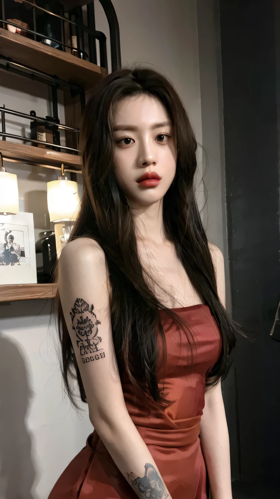 Tattoo girl, Very beautiful, super long hairstyle, messy hair, killing intent, Handsome man, betrayal, irate, Dark background, 8K, Dynamic Wallpapers, Very delicate, Very dense, dinamic pose, dinamic style, masterpiece, gangsta, mafia, tatto body, mafia tatto, beautiful, ethernal beautiful, beauty mafia, boss, blood, in the mafia headquarter, blood dress, a lot tatto, perfect face