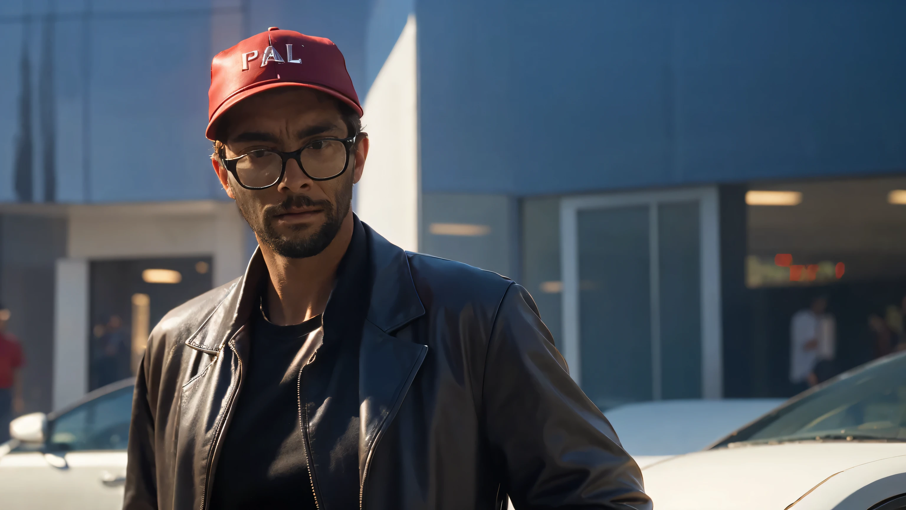 ((A eljhzubl man)) with glasses and red baseball cap in terminator 2, highest quality cinematic movie stills