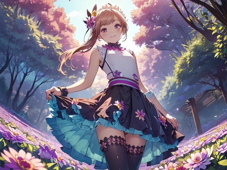 (masterpiece, absurd quality, best quality, official art, beautiful and aesthetic:1.2), 16K, cute petit girl, extreme detailed, digital art, colorful, highest detailed, vivid color, (transform sequence), babyface, cinematic lighting, (from below:1.5), dynamic angle, landscape, (dirty clothes:1.5), scenery, (soro:1.5), (flower field:1.5), (extreme detailed lips:1.3), eyelashes, extremely detailed face, (perfect legs, perfect hands, perfect ???????：1.1), depth of field, dappled sunlight, beautiful lighting, chibi, (floating hair:1.3), detailed skin, shiny, (suspended:1.5), (Uplifting:1.5), (sexual feeling:1.0), shiny skin, shiny hair, shiny face, shiny skin, (voluminous frills skirt,:1.5) ,(voluminous panniers in skirt:1.5), (orgasm face:1.4), disheveled clothes, (upper body:1.5), (happy:1.5), from front, (small breasts:1.5), (clothed:1.3), (sleeveless:1.5)