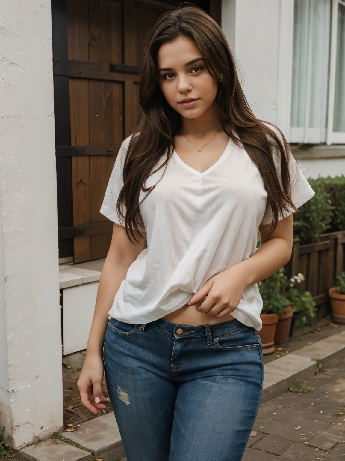 Thick brunette girl, outside ,
