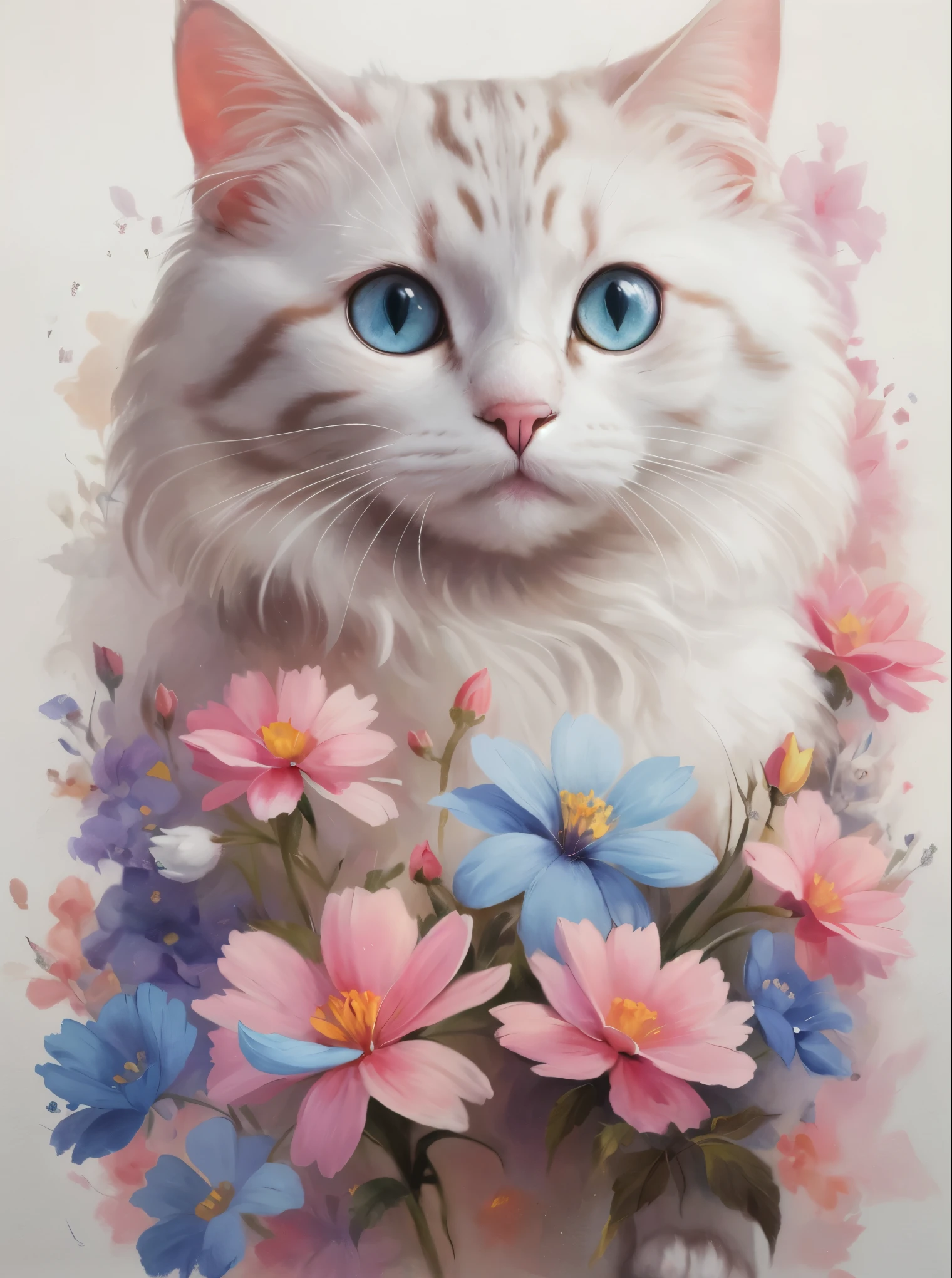 Beautiful cat with cute eyes, a painting of a cat surrounded by flowers
